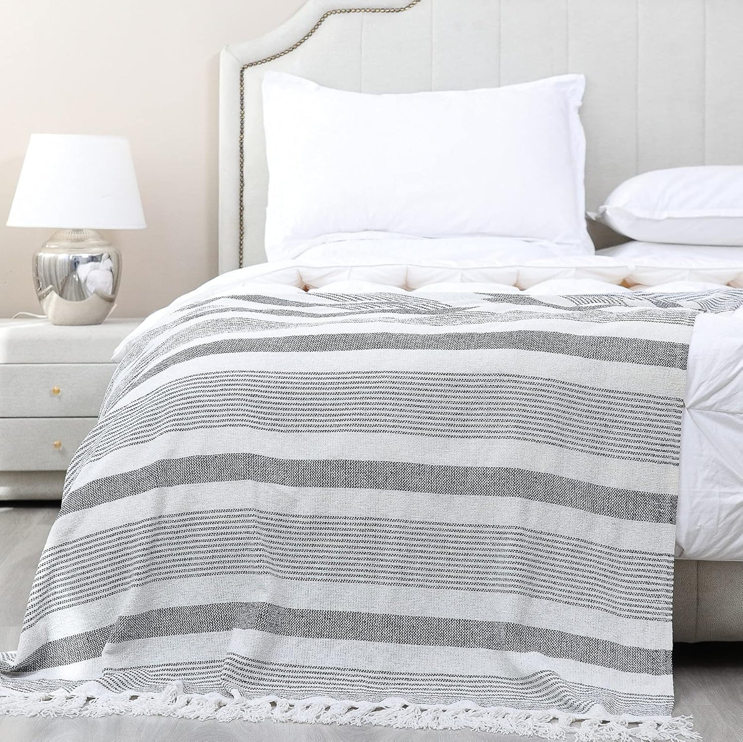 Decorative Black White Striped Throw with Fringe, Soft Chenille Knitted Farmhouse Lightweight Blanket with Tassels for Couch Sofa Chair Bed Office Home Décor, Black and Ivory, 50" x 60"