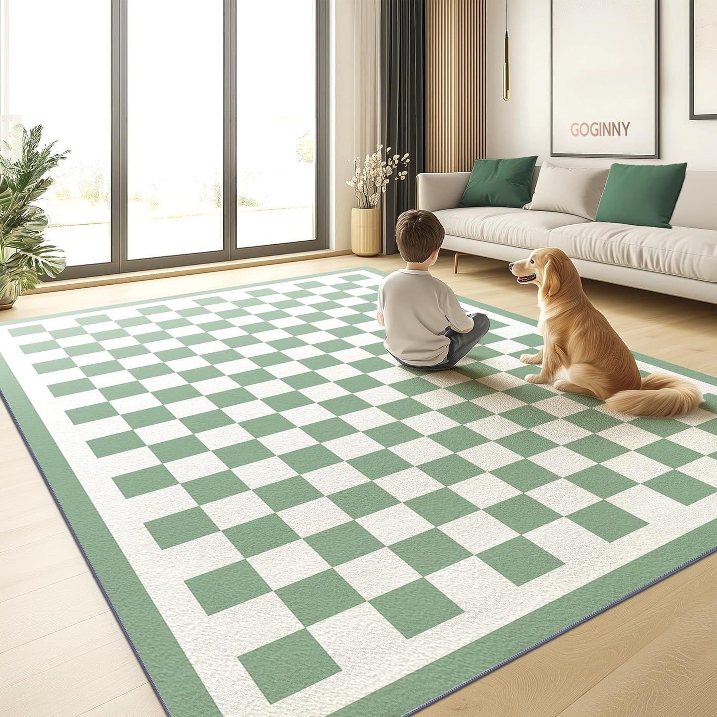 Washable 5x7 Checkered Area Rug for Living Room, Sage Green Checkerboard Modern Boho Large Rugs, Ultra Thin Low Pile Lightweight Indoor Carpet with Non-slip Backing for Bedroom Classroom Playroom Kids