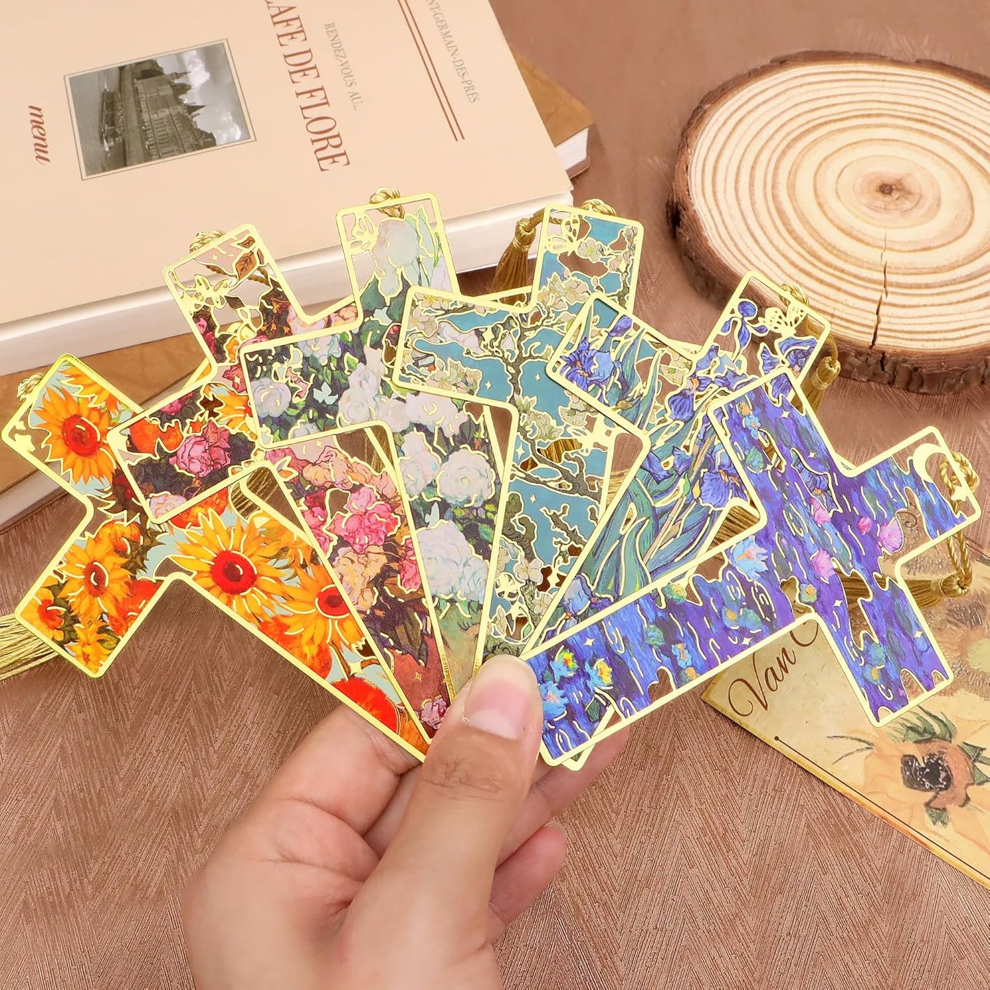 6pcs Metal Bookmarks Cross Bookmarks for Women Men Kids Teacher Book Lovers Gifts, Christian Religious Bible Personalized Bookmark with Tassel Hollow Oil Painting Style Cute Book Marks