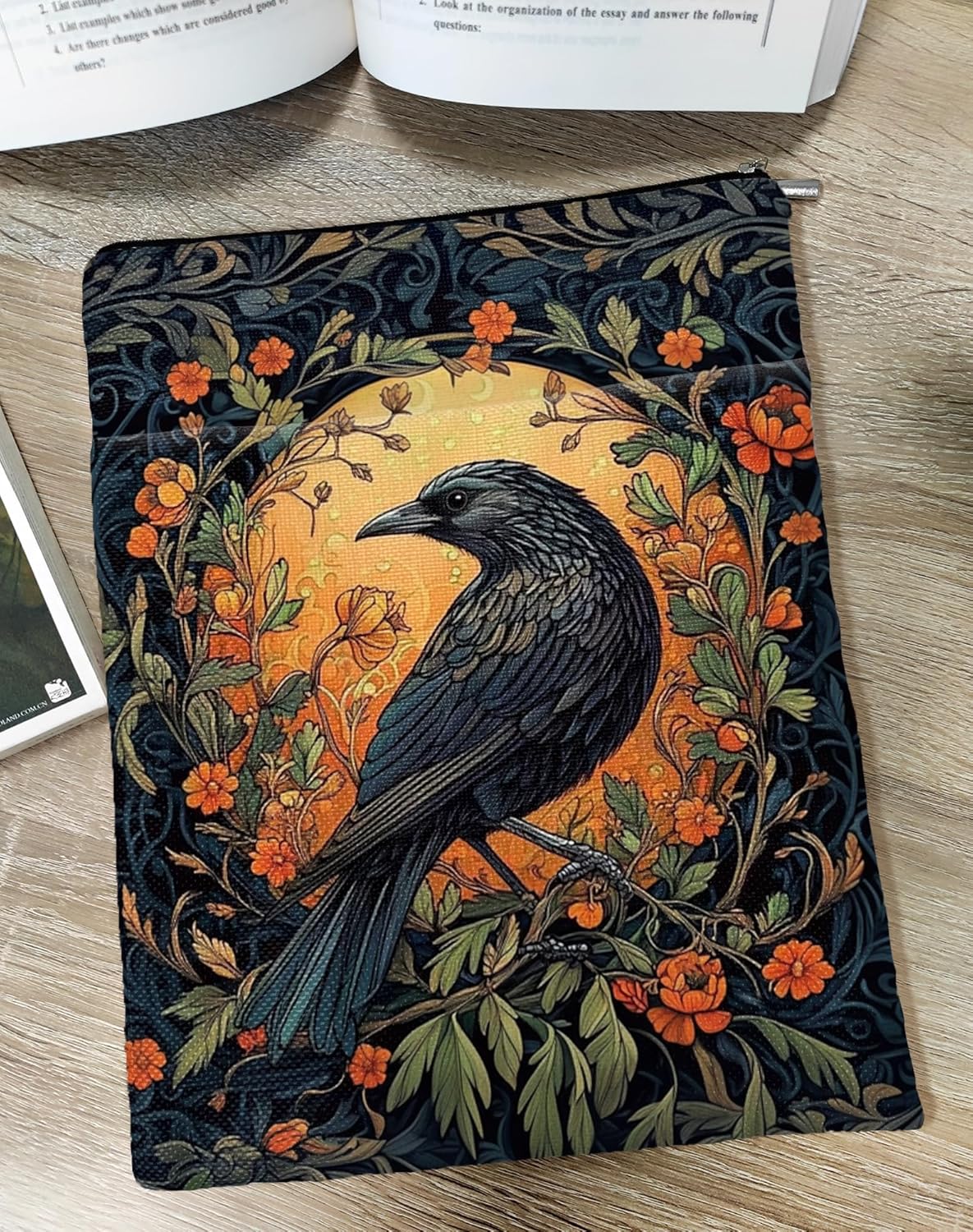 Vintage Flower&Raven William Morris Book Sleeve for Book Lovers, Bookish Book Protector with Zipper, Washable Fabric Book Cover for Paperbacks & Hardcovers,11.4 x 9.1Inches (Black-Raven, Medium)