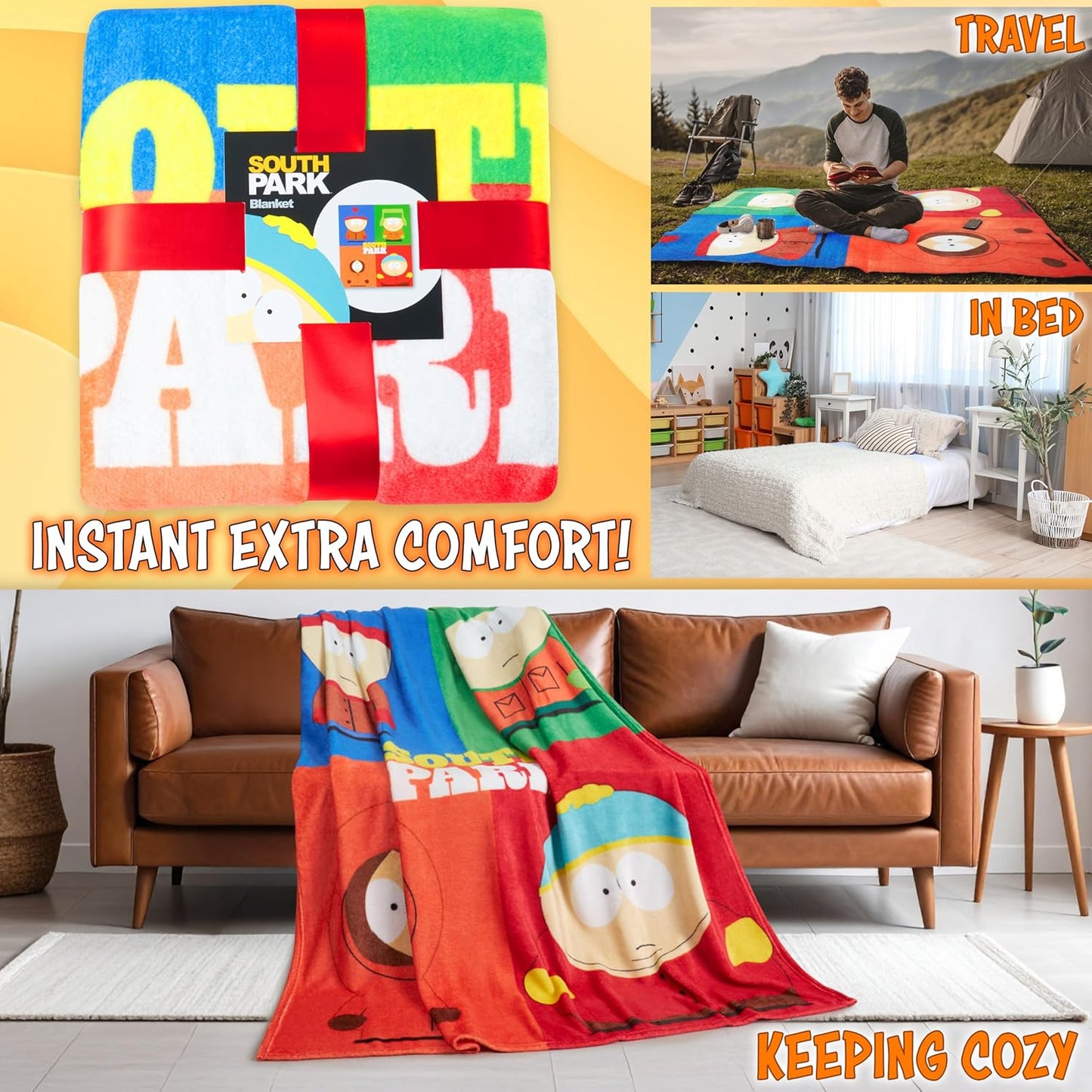 South Park Gifts for Men Teens Throw Blanket for Couch, Sofa, Bed, Soft Cozy Fleece Blankets Kenny Eric Cartman Bed Accessories Decor, 59 x 51 Inches (Multi)