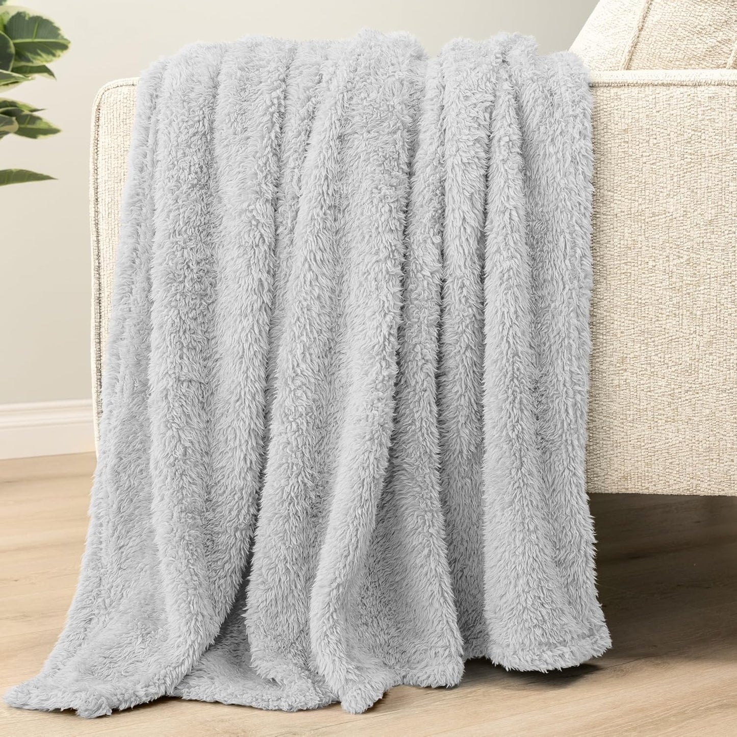 PAVILIA Sherpa Throw Blanket for Couch Sofa, Light Grey Fluffy Warm Plush Blanket for Bed, Cozy Super Soft Lightweight Throw, Fuzzy Decorative Blanket, All Season Home, 50x60
