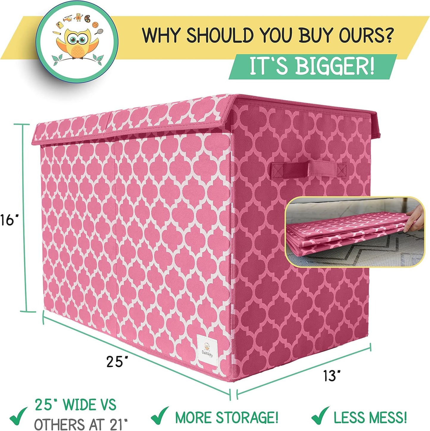 Toy Chest - Collapsible Storage Bin for Nursery, Bedroom, and Playroom - Toy Box with Lid, Hook-and-Loop Fastener - Spacious Compartment for Toddler Boys and Girls - 25"x16"x13", Pink