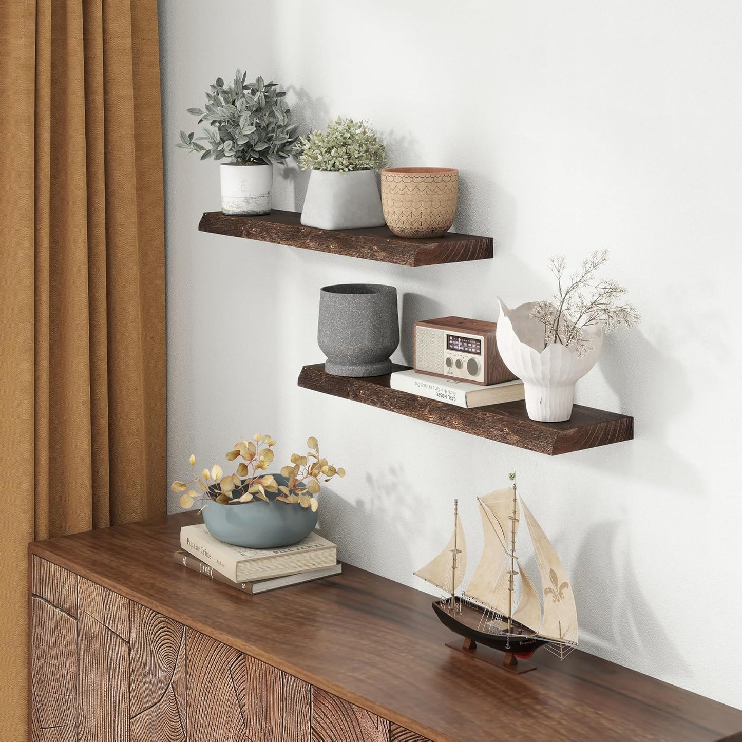30 Inch Floating Shelves for Wall, Solid Elm Wood Live Edge Floating Shelves for Bedroom Living Room Bathroom, Wall Mounted Wooden Shelf with Invisible Bracket for Books Decor Storage, Walnut
