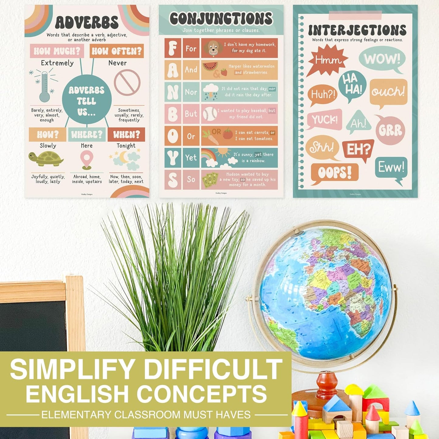 Hadley Designs Parts of Speech Posters for Classroom Decor - 12 English Grammar Posters for Classroom, Writing Process Language Arts Elementary & Middle School, ELA Retro Teacher Must Haves