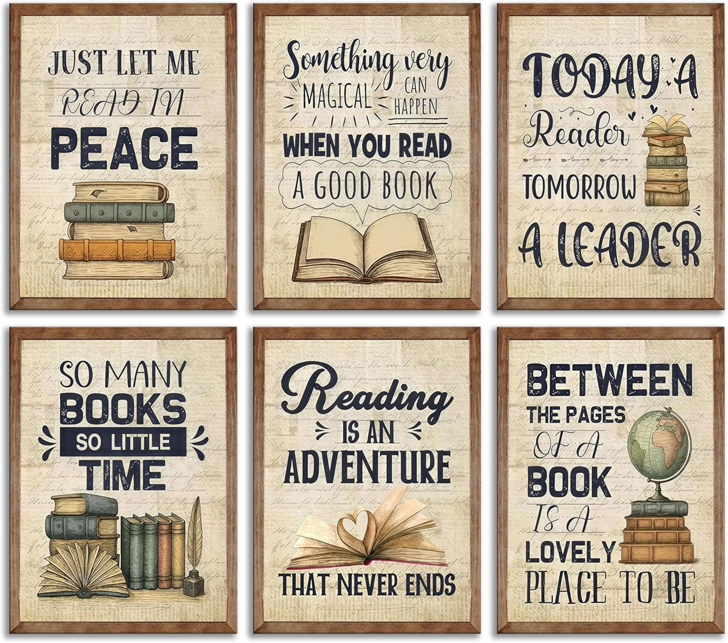 6Pcs Vintage Reading Comprehension Canvas Wall Art Retro Book Motivational Posters Prints Book Cover Wall Decor Pictures Artwork for Classroom Book Club Library Home Decoration 8''x10'' Unframed