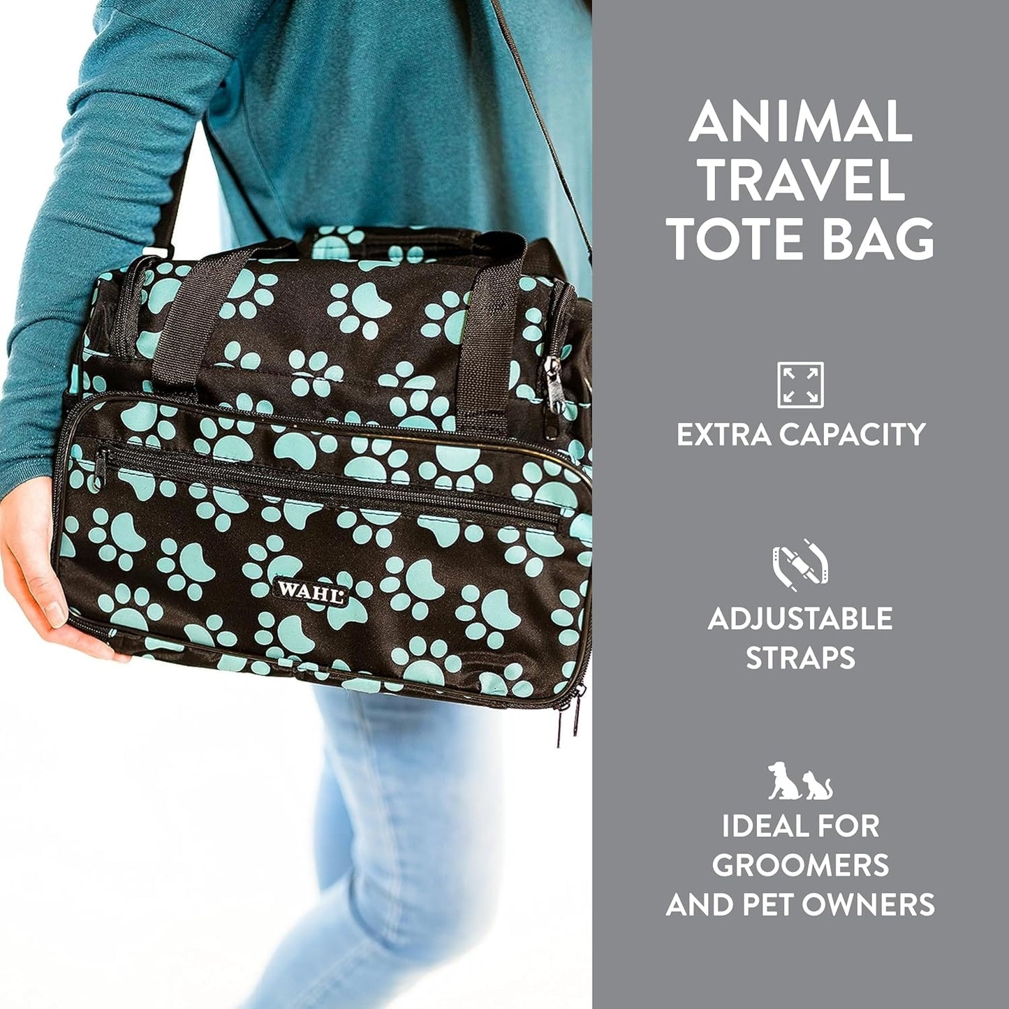 WAHL Professional Animal Travel Tote Bag with Zipper - Travel Bag - Storage Pack for Grooming Supplies - for Dog, Cat & Pet Groomers - 28.8 Inches, Turquoise Paw Print Design (#97764-300)
