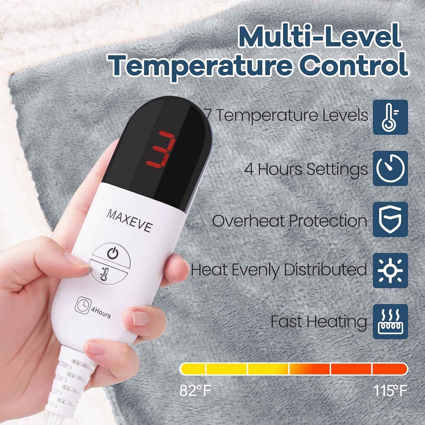 Heated Blanket Wearable Electric Blanket with Hood and Pockets, Heating Throw Blanket, Electric Heated Wrap Shawl with 6 Heating Levels Setting & 4 Hours Auto Shut Off, Machine Washable(Shrot, Grey)