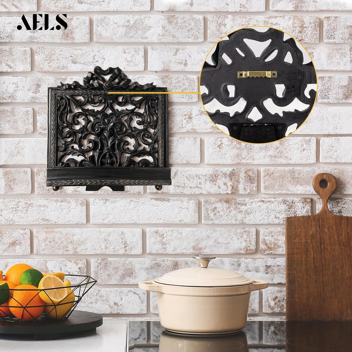 AELS Vintage Ornated Cookbook Stand for Kitchen Counter, Farmhouse Recipe Book Holder, Retro Heavy Duty Cook Book Stand, Gift Ideas, Antique Black Hollowed Decor