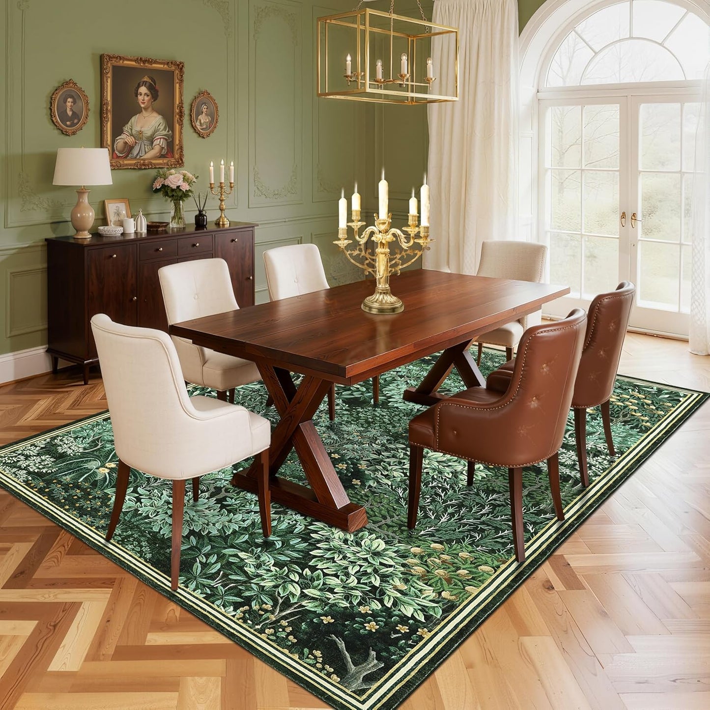 GarveeHome Forest Rugs 8x10, Dark Green Washable 8x10 Area Rug for Living Room, Botanical Low Pile Non Slip Stain Resistance Large Carpet for Office Dining Room, Farmhouse