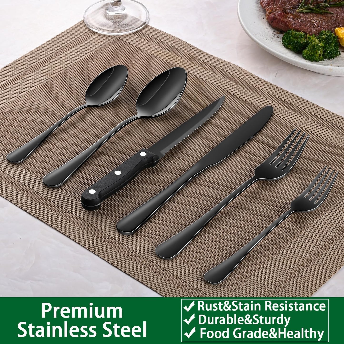24-Piece Black Silverware Set with Steak Knives, Black Flatware Set for 4, Food-Grade Stainless Steel Tableware Cutlery Set, Mirror Finished Knife Spoon And Fork Sets for Home Restaurant