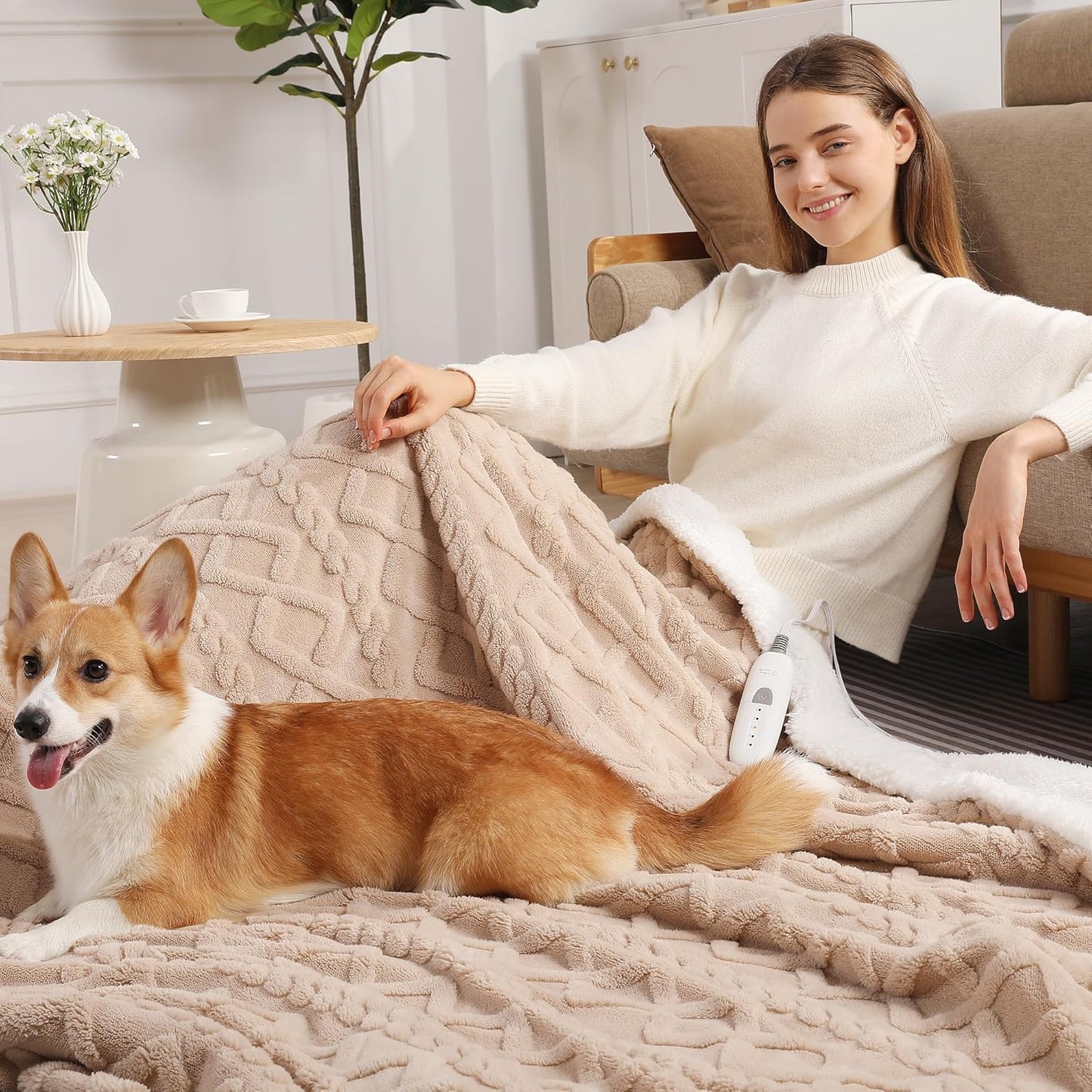 Electric Blanket Twin Heated Blanket 62''X84'' with 5 Heating Levels & 10 Hours Auto Off, ETL& FCC Certification Dual Sherpa Twin Heating Blanket Washable for Home/Office/Bed, Great Gift(Beige)