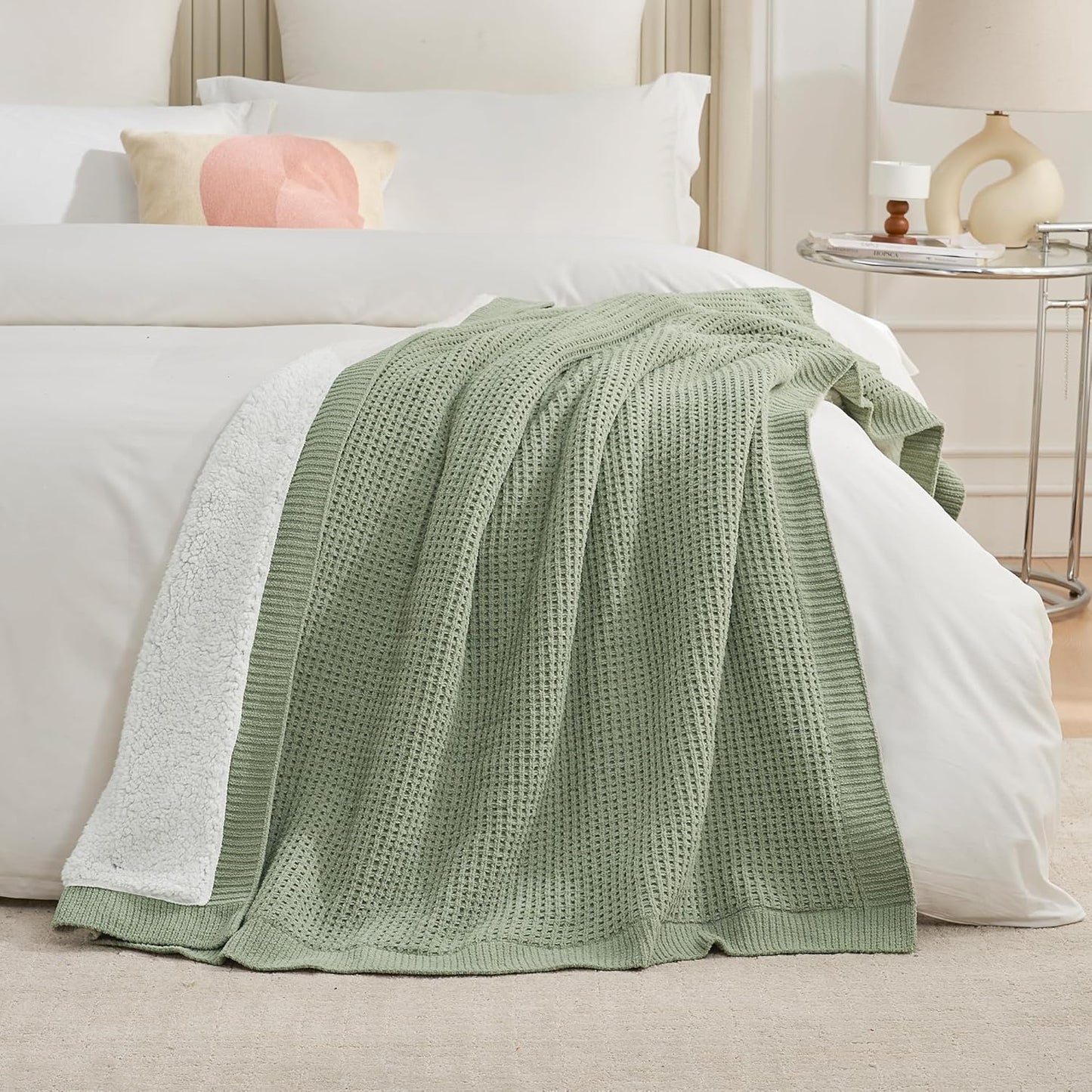 Amélie Home Reversible Waffle Weave Throw Blanket, Chenille Knit with Warm Sherpa, Soft Cozy Blanket for Couch, 50"x60", Sage Green
