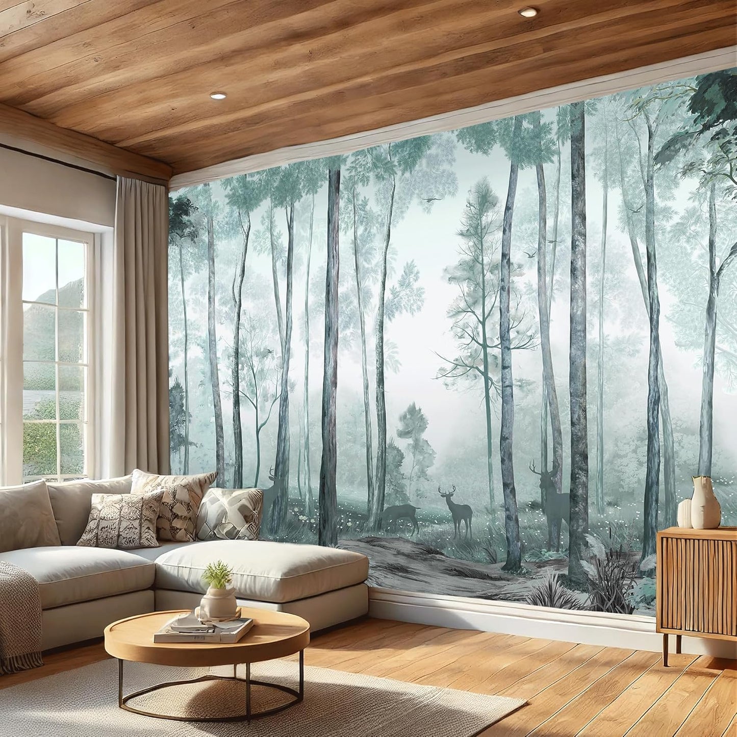 AMUGISH Misty Forest Wall Mural – Tranquil Woodland Scene Wallpaper with Deer and Soft Greenery, Peel and Stick - Ideal for Living Rooms, Bedrooms, and Nurseries