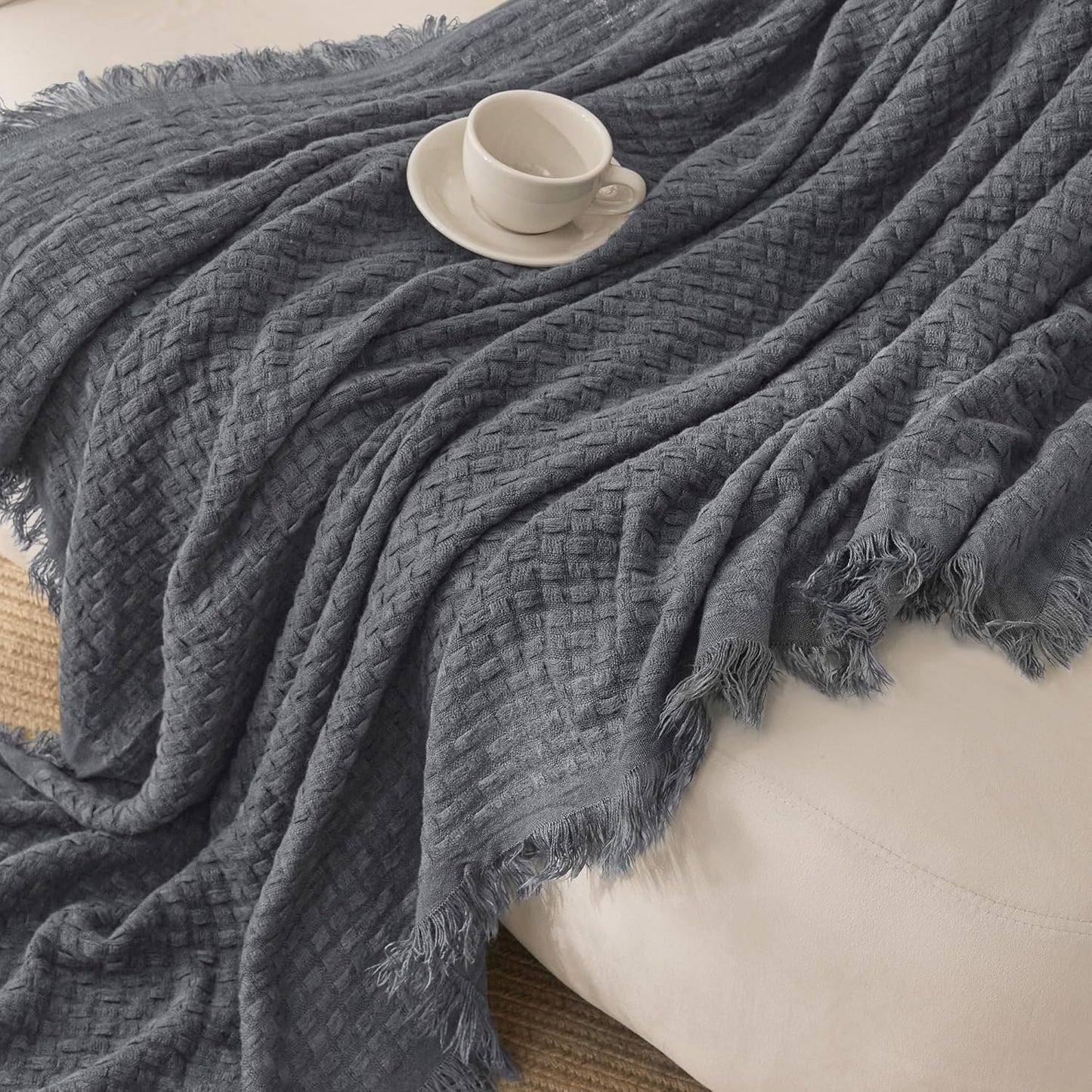 Exclusivo Mezcla Knit Throw Blanket with Fringes for Couch, Reversible Super Soft and Warm Woven Boho Throw for All Season, Home Decor, 50"x60", Dark Grey