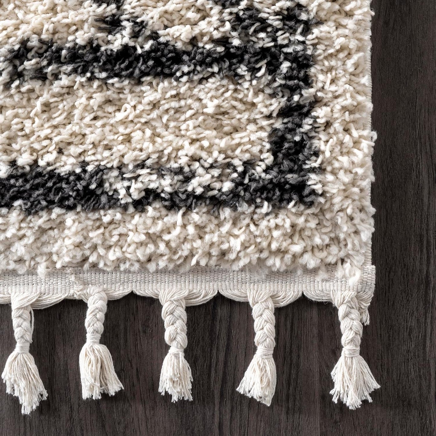 Nuloom Mackie Off-White/Charcoal, 7'10" x 10', Moroccan, Shag, Tassel, Soft and Cozy, High Traffic, Stain Resistant, Easy Clean, Durable Area Rug for Bedroom, Living Room, Dining, Den, Foyer, Entryway