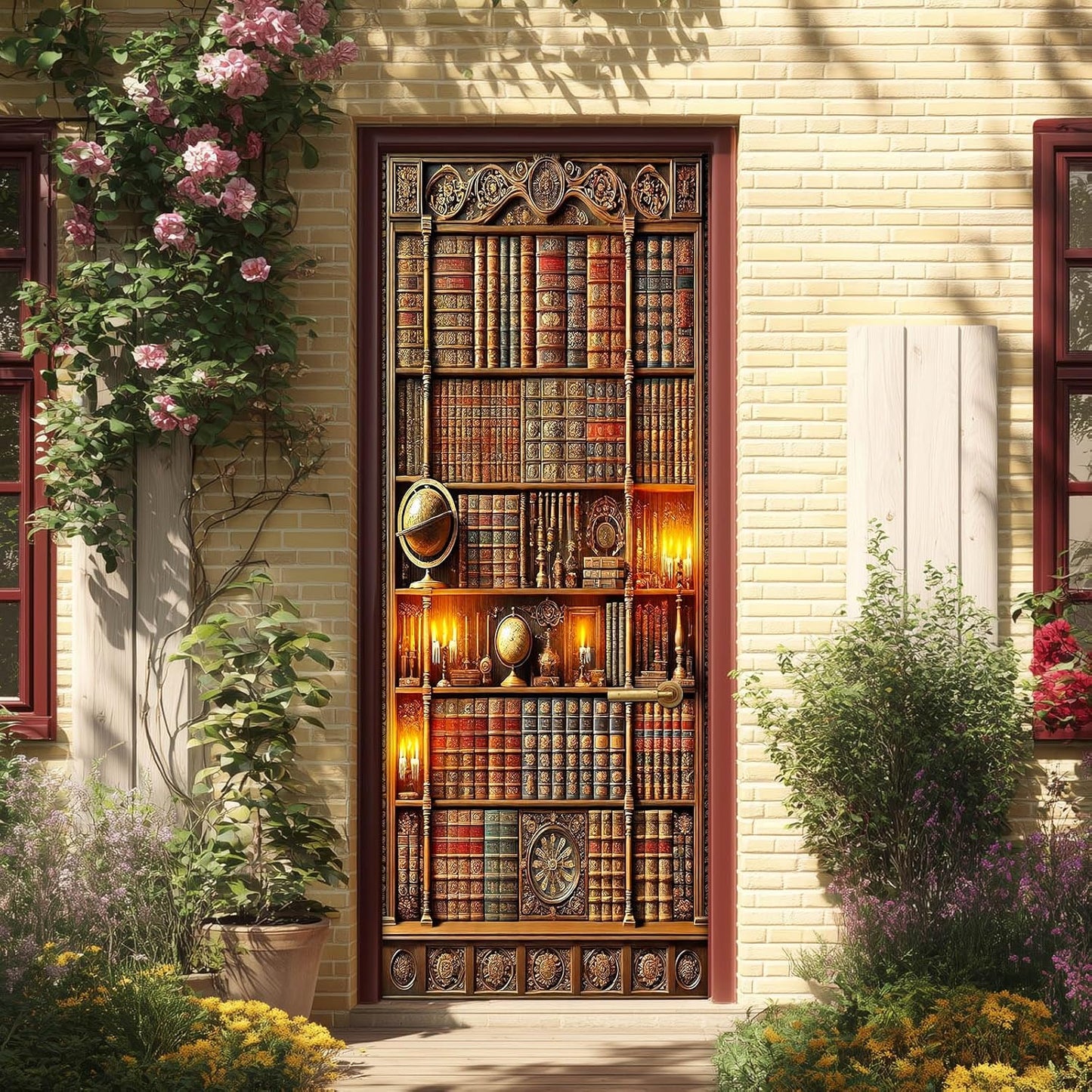 Vintage Bookshelf Door Sticker Classic Library Bookcase Mural Self Adhesive PVC Removable Door Decal for Home Office Bedroom Decoration 30.3 x 78.7 in