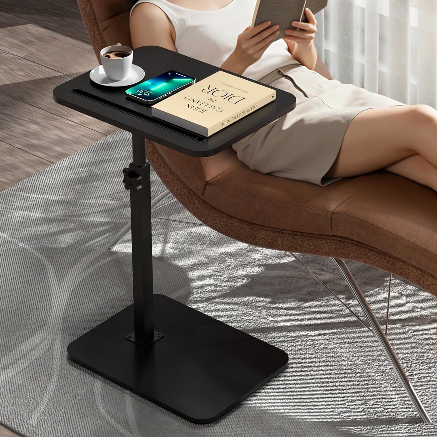 Black Side Tray Table for Couch - 360° Swivel Adjustable Height Rotating Sofa Table C Table End Table Laptop Desk with Phone & Tablet Slot, Perfect for Eating Working Reading, Fits Small Spaces