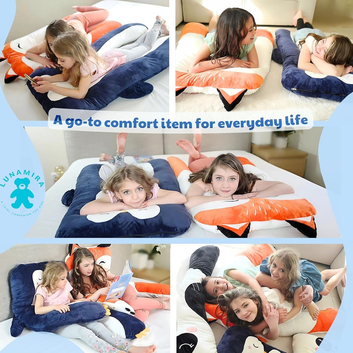 LUNAMIRA Penguin Kids Body Pillow - 47" U-Shape Long Plush Animal Pillow for Kids, Sleeping, Reading, ADHD & Special Needs Comfort, Anxiety, Washable Cover, Snuggle Fun Cuddle Gift for Boys & Girls