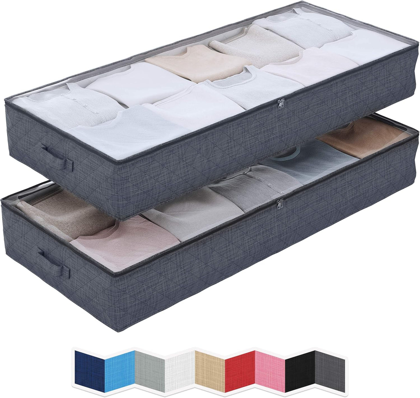 NEATERIZE Large Under Bed Storage Bags | 2-Pack Underbed Clothing Organizer | Ultra Thick Fabric, Reinforced Handles & Zipper | Stackable Organization and Storage Containers for Bedroom [Dark Grey]