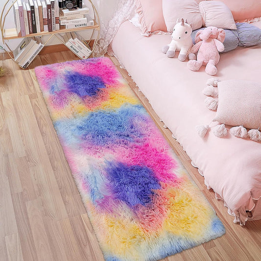 Hot Pink Rainbow Rug for Girls Bedroom Runner 2x6, Fluffy Soft Bedroom Runner Rug for Bedside, High Pile Plush Shag Carpet for Kids Room Living Room Hallway Nursery Unicorn Home Decor Tie Dyed