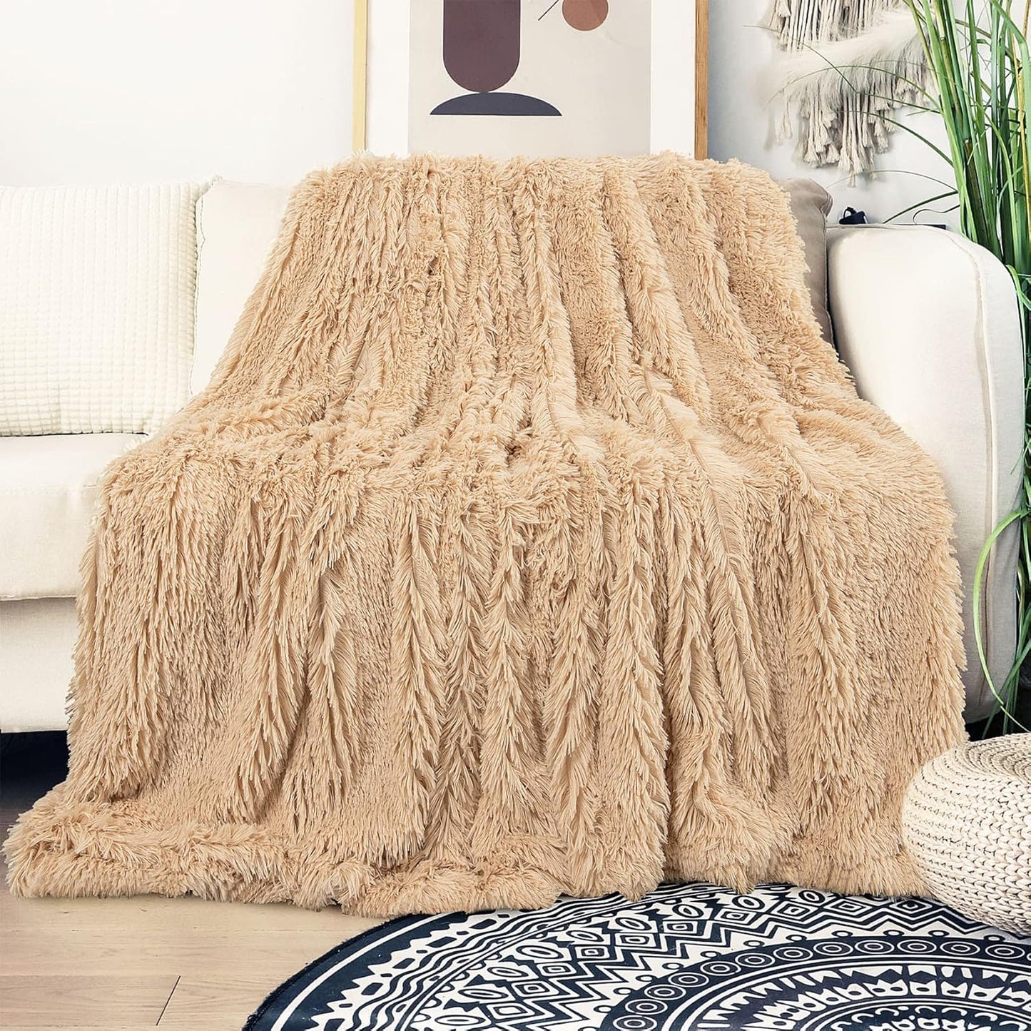 Tuddrom Decorative Extra Soft Faux Fur Throw Blanket 50"x60",Solid Reversible Fuzzy Lightweight Long Hair Shaggy Blanket,Fluffy Cozy Plush Fleece Comfy Microfiber Blanket for Couch Sofa Bed,Apricot