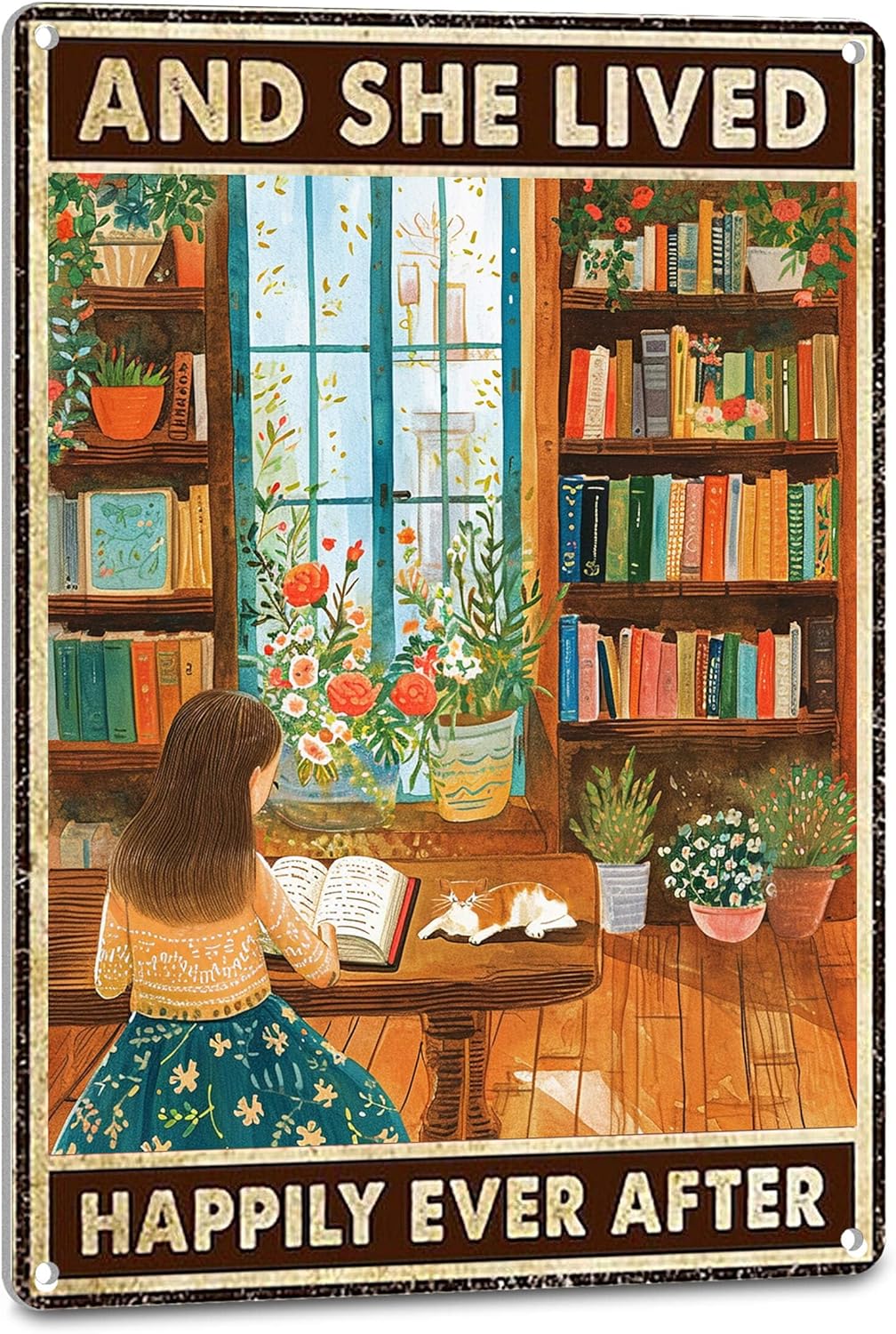Vintage Garden Signs Reading Poster for Home Living Room Wall Art Decor Aesthetic - And She Lived Happily Ever After, Cottagecore Tin Sign 8X12 Inches