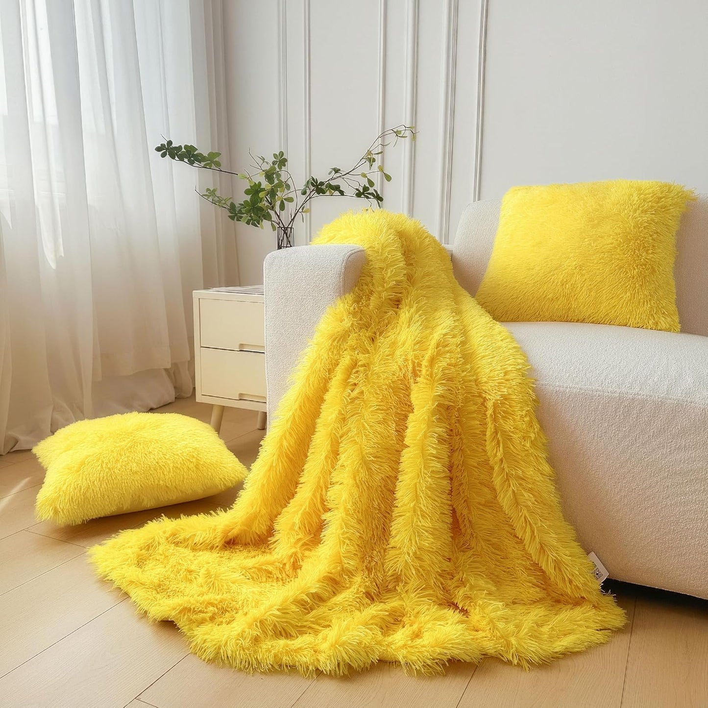 XeGe 3 Pieces Soft Faux Fur Throw Blanket Set, Decoration Fluffy Furry Blanket 50x60, Shaggy Plush Fuzzy Blanket with 2 Throw Pillow Covers 18x18 for Bed Couch Sofa Living Room, Yellow