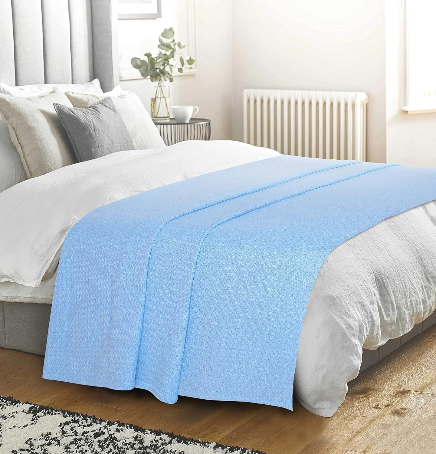Belizzi Home 100% Cotton Bed Blanket, Breathable Bed Blanket Full - Queen Size, Cotton Thermal Blankets Full - Queen, Perfect for Layering Any Bed for All Season, Light Blue