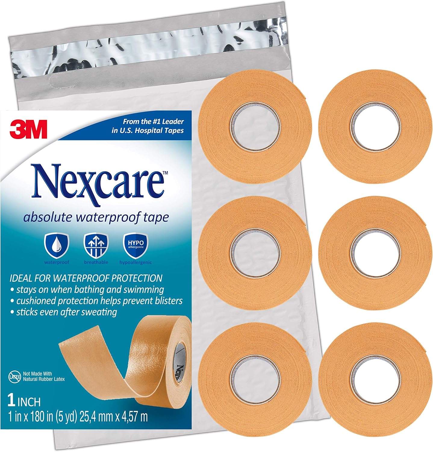 Nexcare Absolute Waterproof Tape, Flexible Foam Medical Tape, Secures Dressing and Keeps Wounds Dry - 1 In x 5 Yds, 6 Rolls of Tape
