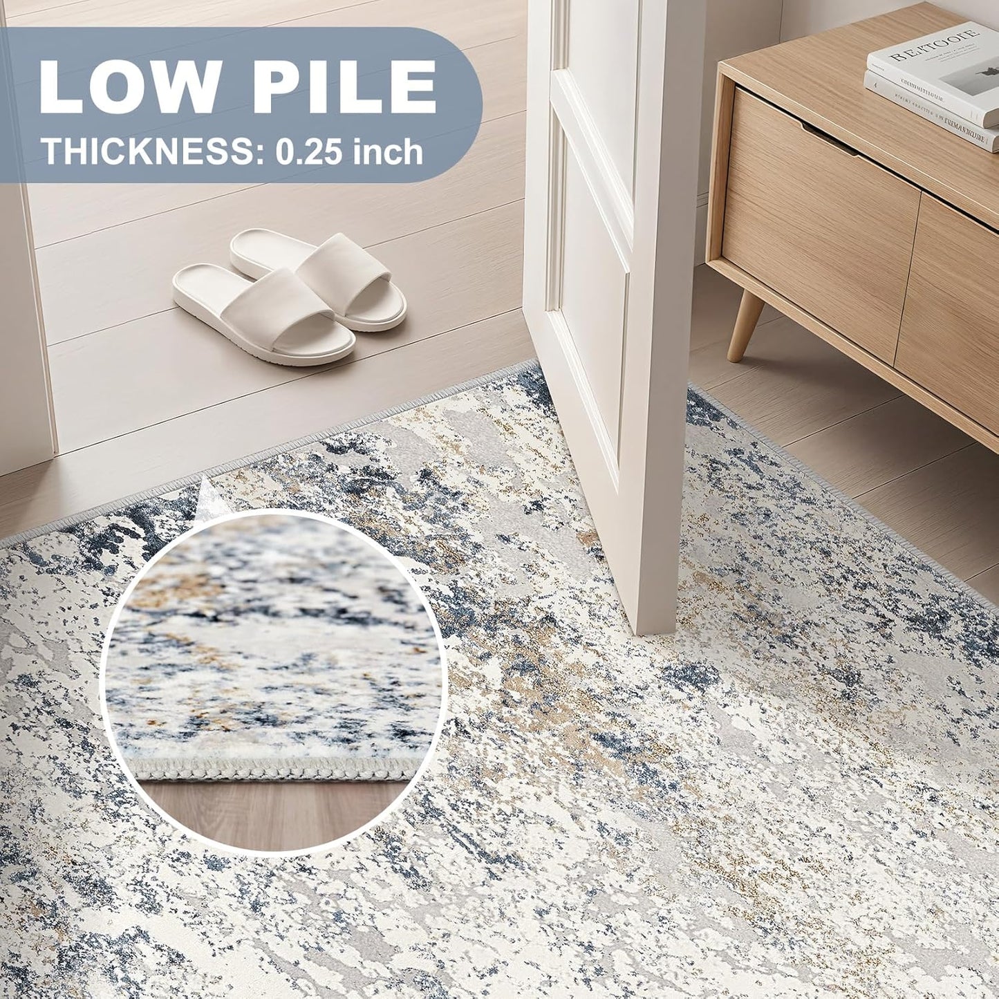 Area Rug Living Room Rugs - 5x8 Abstract Large Soft Indoor Washable Rug Neutral Modern Low Pile Carpet for Bedroom Dining Room Farmhouse Home Office - Beige Blue