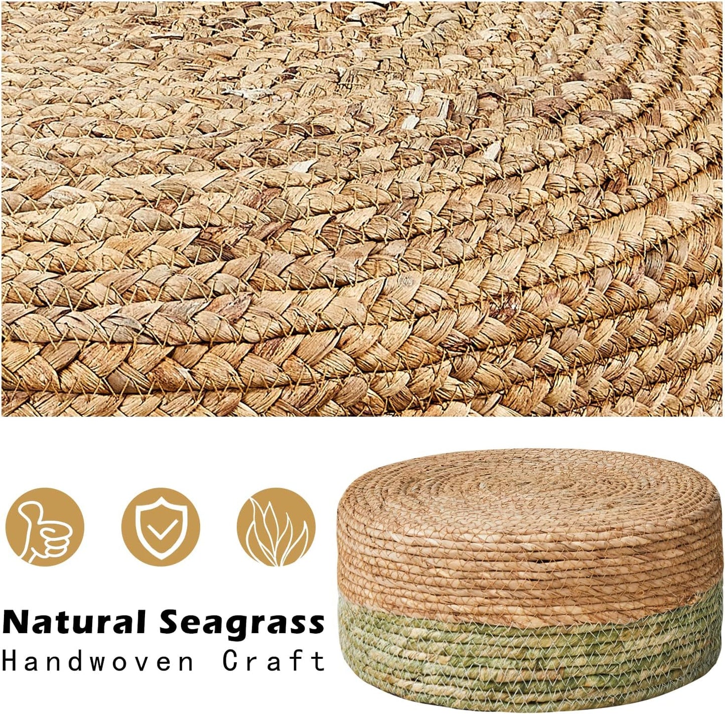 Cpintltr Ottoman Natural Seagrass Footrest Poufs Hand Weave Round Foot Stool for Couch Desk Soft Step Stool Padded Foot Rest with Pine Legs for Living Room Bedroom Natural/Green