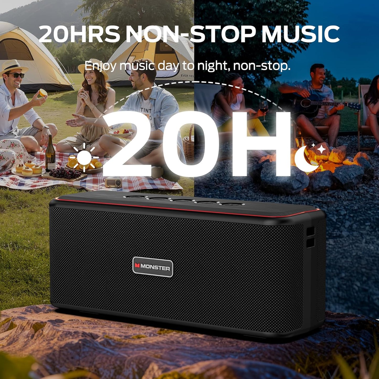 Monster Shock Plus Bluetooth Speaker,Portable Speaker with 40W Loud Stereo Sound, Bluetooth 6.0,TWS Pairing, 20H Playtime,Support AUX/TF Card,IPX6 Waterproof Wireless Speakers for Outdoor,Home,Travel