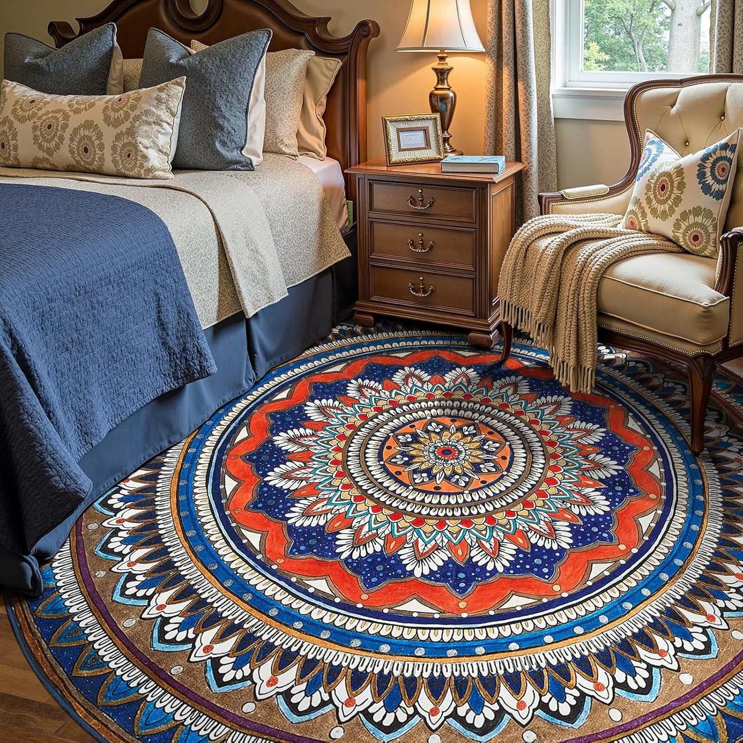 jinchan Mandala Round Rug 8ft Blue Rustic Boho Washable Rug Tribal 8' Round Vintage Peaceful Circle Rug Soft Non Slip Large Low-Profile Carpet for Dining Room Living Room Bedroom Patio, Saffron Blue