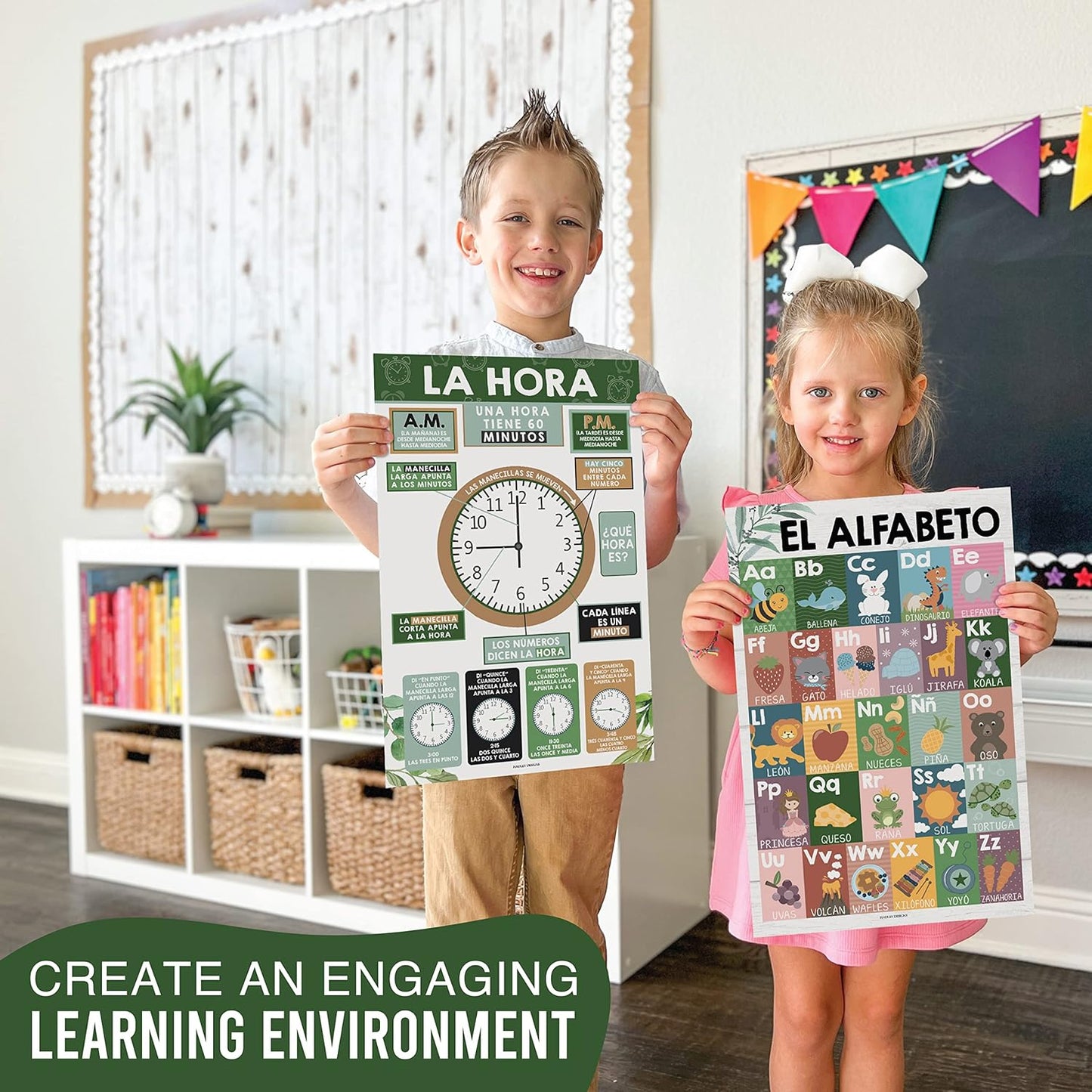 Hadley Designs Spanish Classroom Decorations - 12 Spanish Posters for Classroom Elementary, Abecedario para Niños en Español, Laminated Farmhouse Bilingual Educational Posters 11x17
