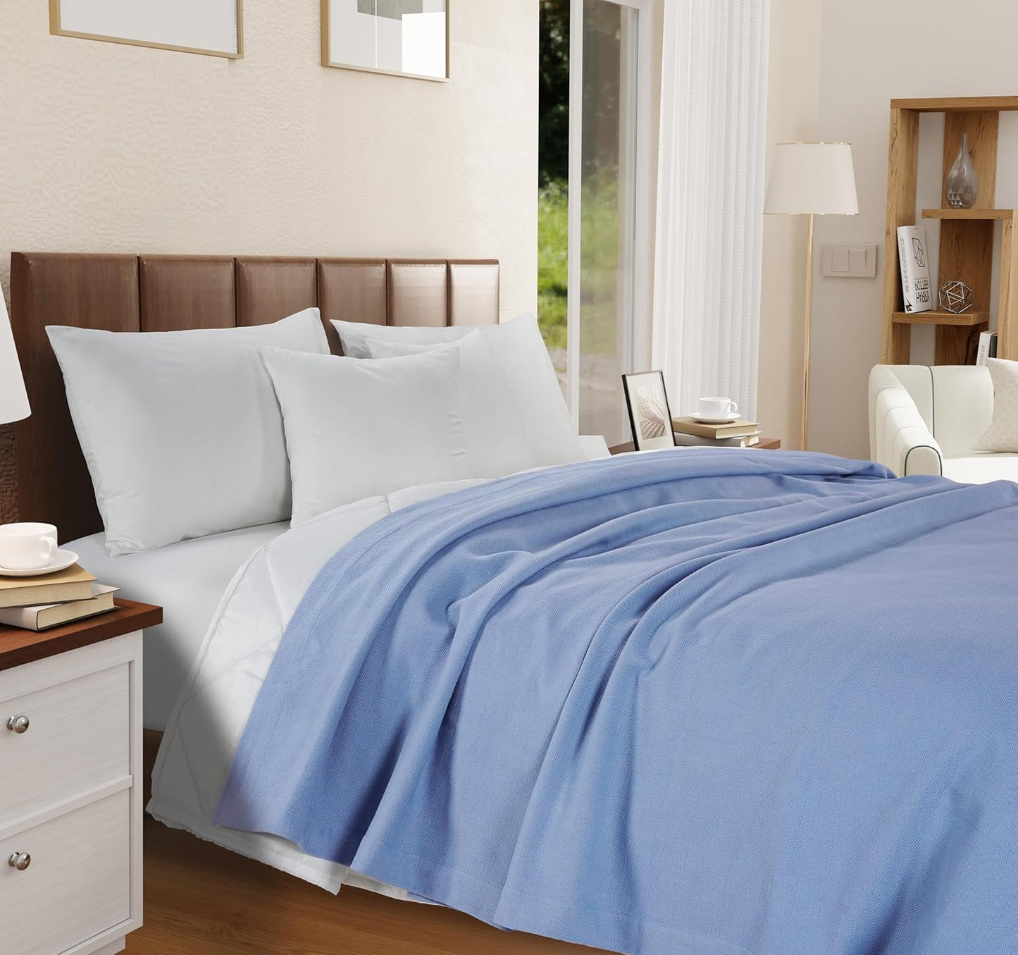 LANE LINEN Queen Blanket for Bed - 100% Cotton, Medium Weight, Soft, Cozy & Durable Bed Blankets - All Weather Use 350 GSM - Designed for Layering or Standalone Use - Oeko-TEX Certified - Light Blue