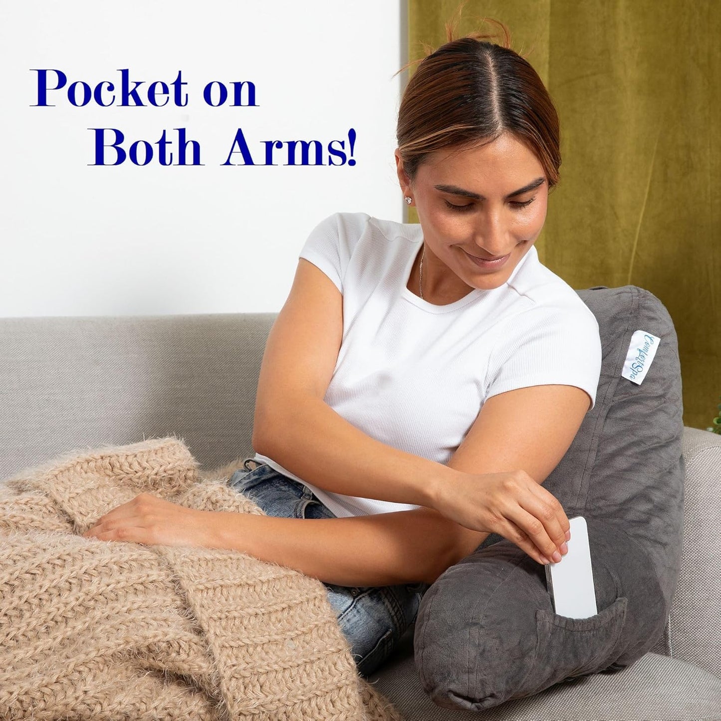 ComfortSpa Reading Pillow for Kids Teens Adult, Back Rest Pillow with Arms, Pockets, Washable Cover; Use as a Back Pillow for Bed Sitting Up for Bedrest or Relief from GERD Heartburn (Standard Grey)
