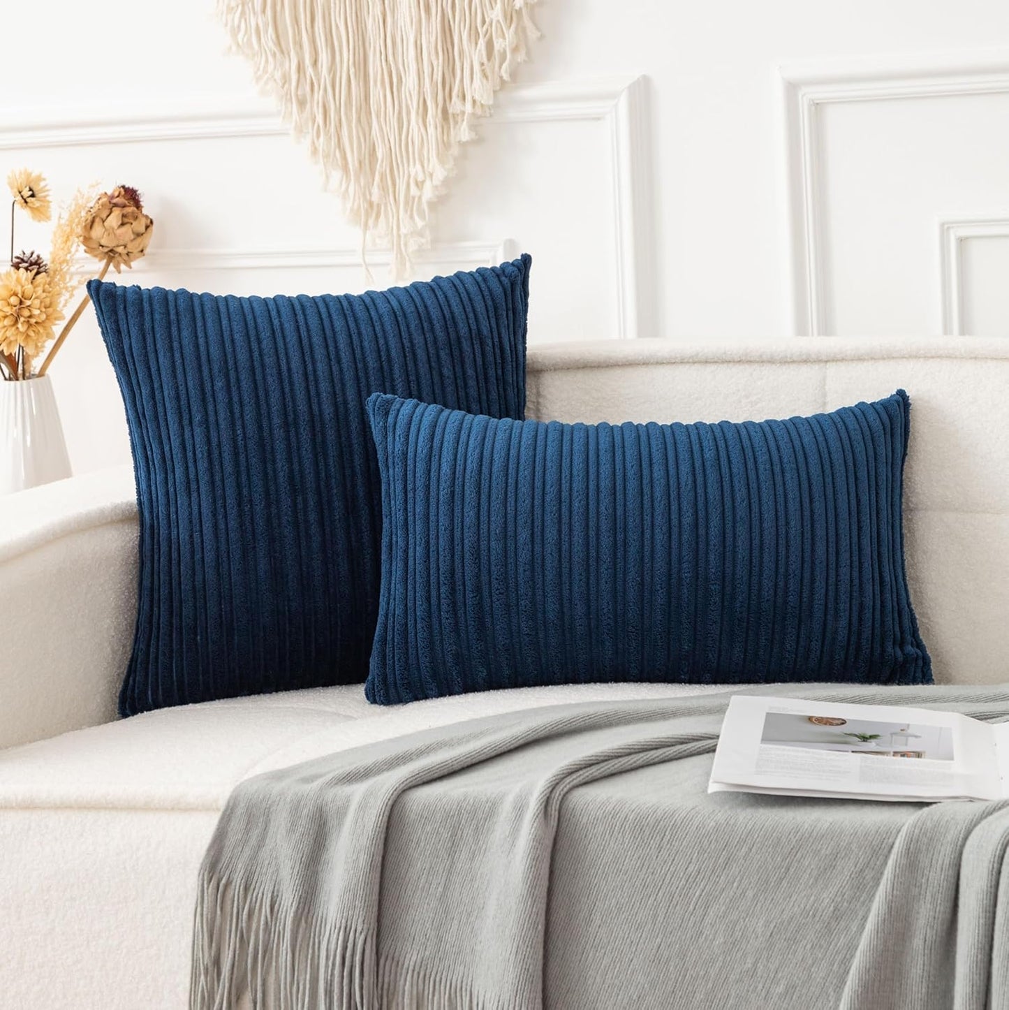 UGASA 12x24 Inch Pillow Cover Pack of 1 Soft Boho Stripe Corduroy Long Rectangle Lumbar Cushion Case Farmhouse Decorative Throw Pilowcase for Bed, Couch, Sofa, Bedroom, Living Room, Navy Blue