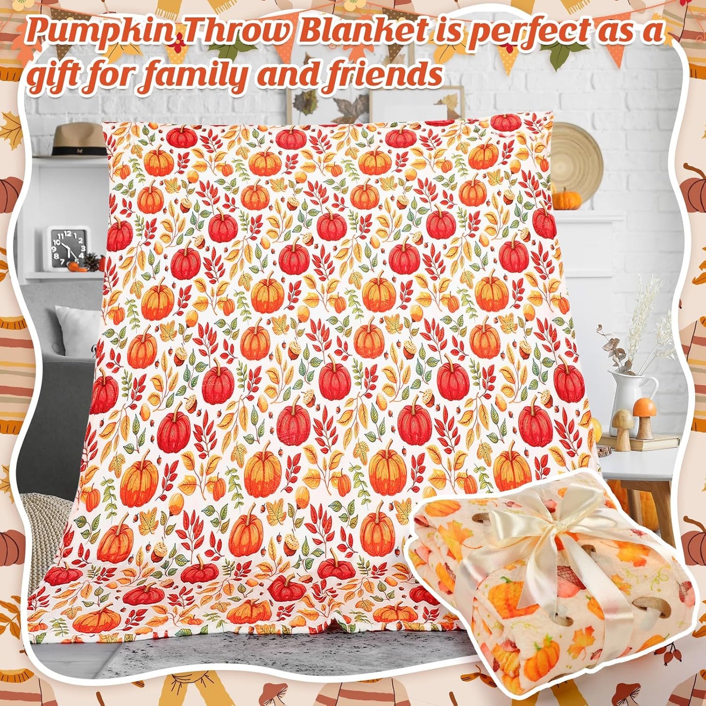 4 Pack Fall Blanket Bulk Pumpkin Throw Blanket Maple Leaf Autumn Harvest Flannel Blankets Warm Lightweight Soft Cozy Thanksgiving Fall Plush Blankets for Couch Sofa Bedroom 51"x59"