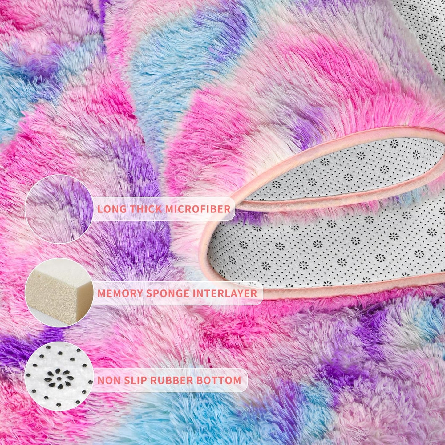 Tepook Soft Rainbow Rug 8x10 for Girls Room, Cute Fluffy Girls Bedroom Area Rug, Shaggy Princess Rug Colorful Carpet for Kids Teens Toddler Playroom Nursery Reading Nook, Hot Pink