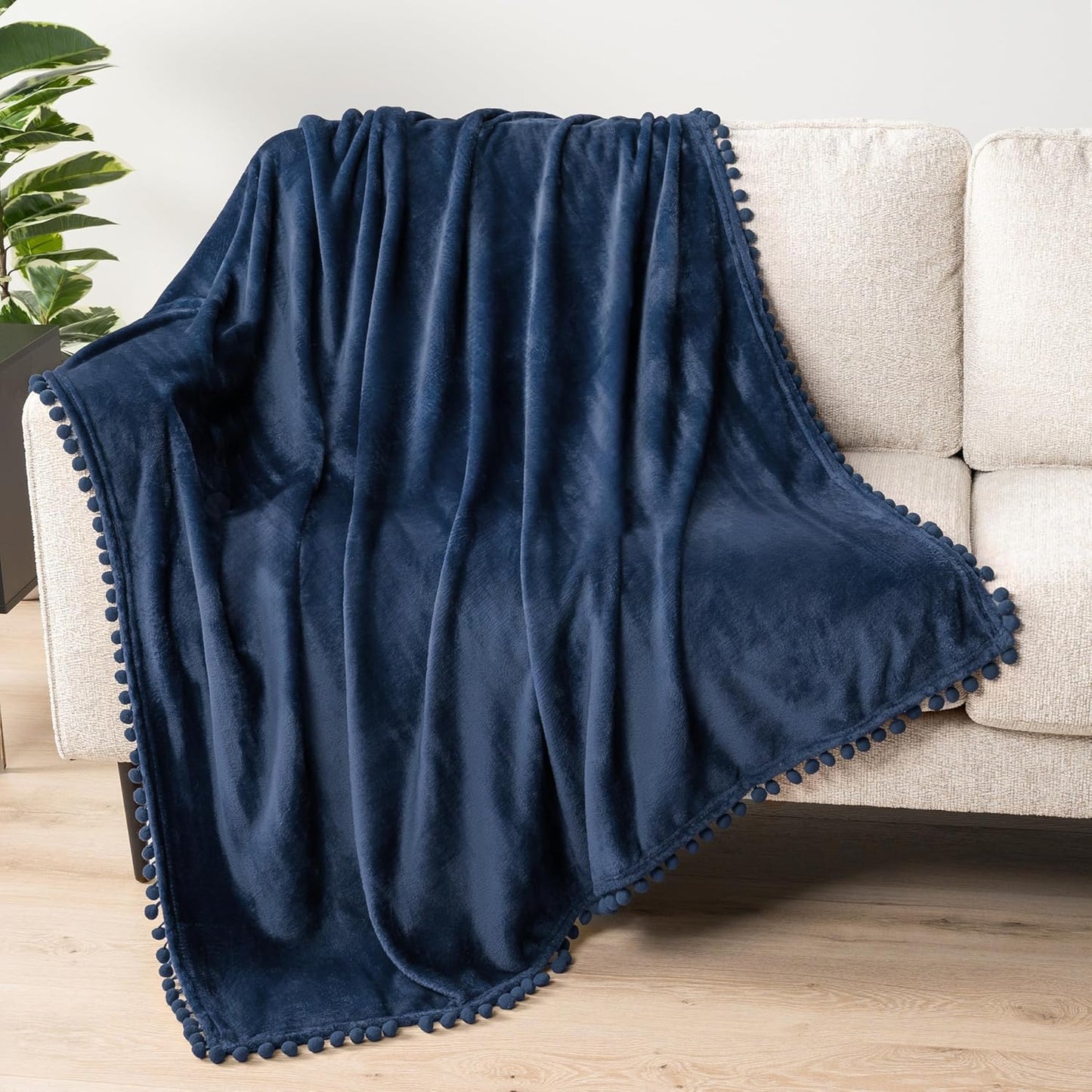 PAVILIA Fleece Throw Blanket for Couch with Pom Pom Fringe, Navy Blue, Soft Cozy Fuzzy Flannel Blanket for Sofa Bed, Large Lightweight Plush All Season Throw, 60x80 Inches
