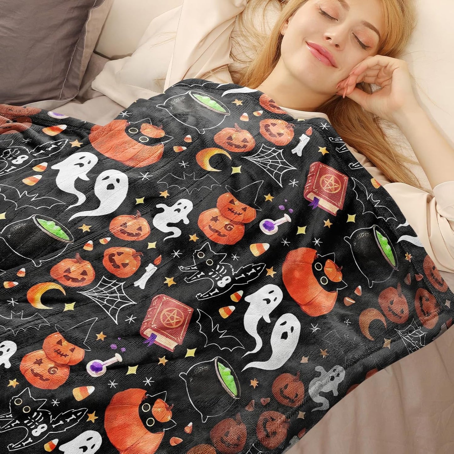 50"x40" Vintage Halloween Throw Blanket,Witch Spider Webs Bat Pumpkin Skull Gothic Blanket, Festival All Seasons Warm Cozy for Sofa Chairs Bed Office Home Women GIrls Gift (Halloween Blanket 4)