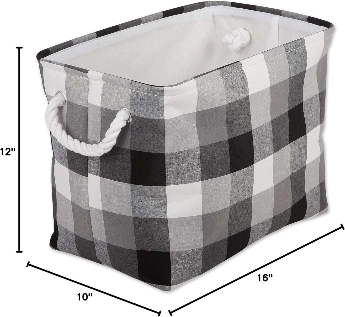 DII Buffalo Check Storage Collection Collapsible Bin with Handles, Medium Rectangle, 16x10x12, Tri Color Black