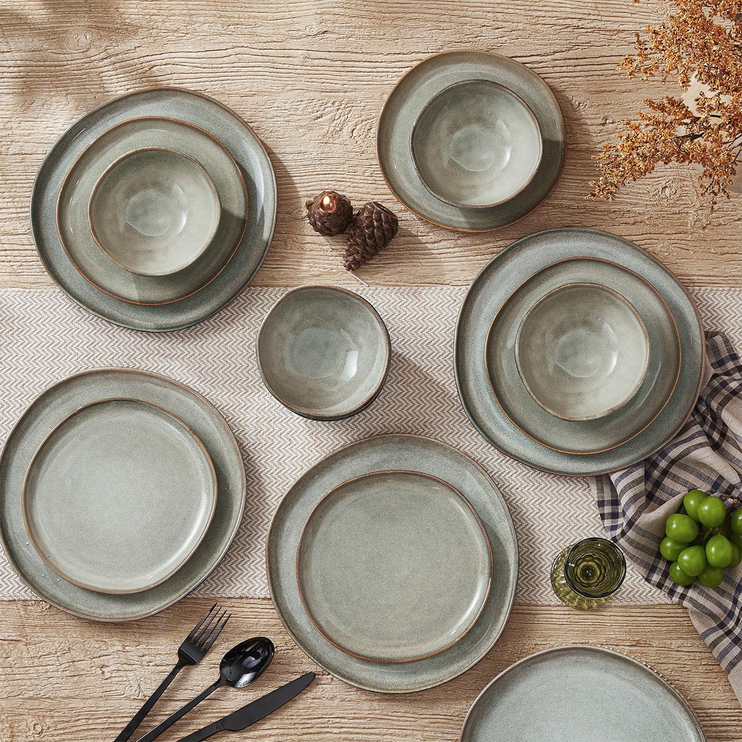 KINGSTONE Stoneware Dinnerware Sets, 24-Piece Reactive Glaze Porcelain Plates and Bowls Sets for 8, Handcrafted Rustic Ceramic Dishes Set, Highly Scratch Resistant, Dishwasher & Microwave Safe, Grey