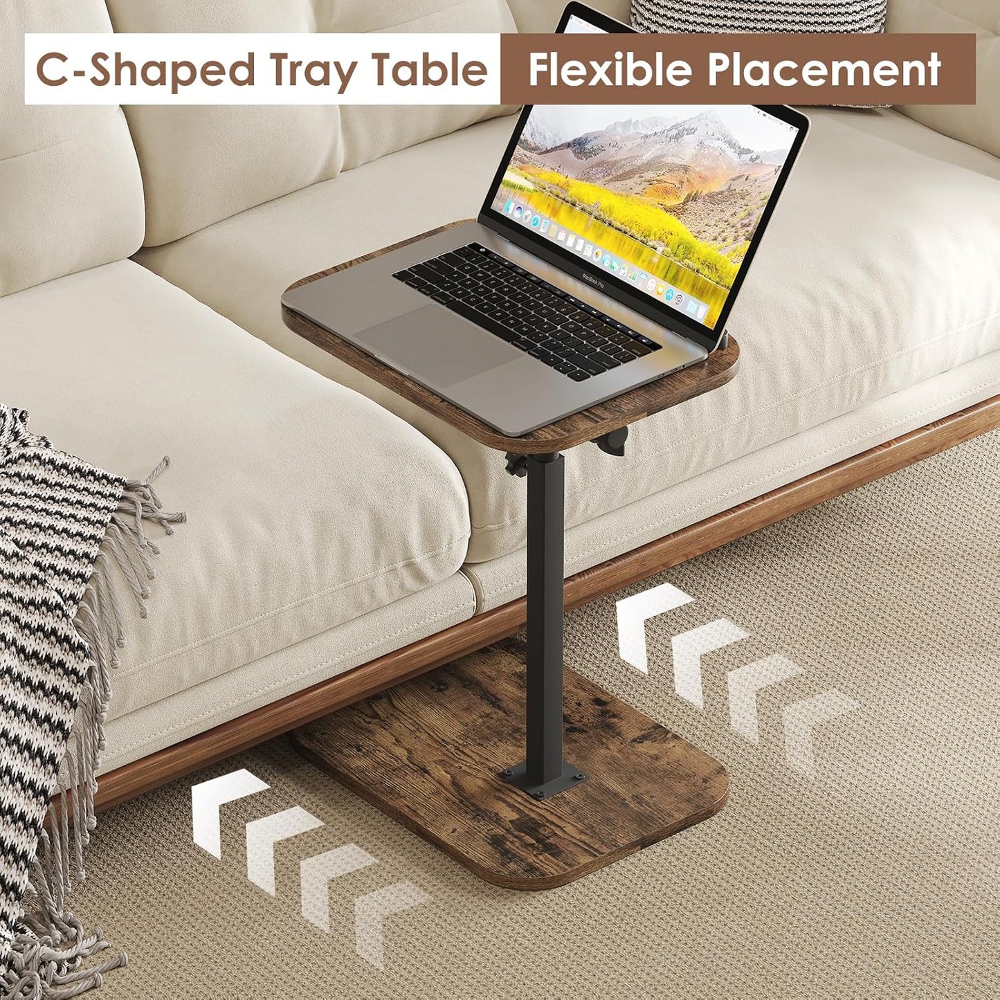 Side Table Sofa Tv Tray Height Adjustable C Shaped End Table 360° Swivel Overbed Living Room Couch Table, Rustic Brown