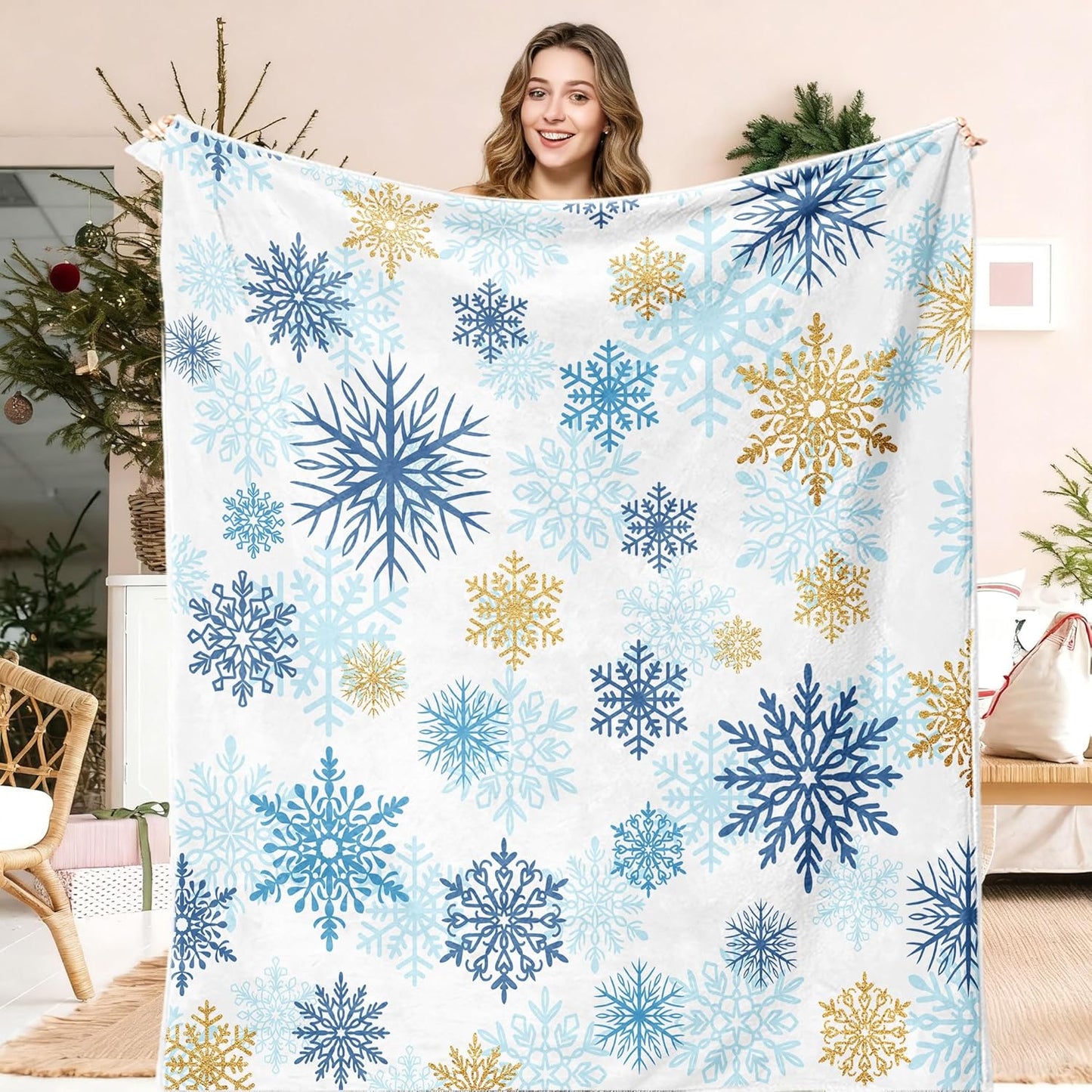 Christmas Throw Blanket, Winter Snowflake Christmas Fleece Blanket, Winter Snowflake Holiday Xmas Soft Plush Warm Cabin Throw for Couch Sofa Bed Decor 50" x 60" Blue