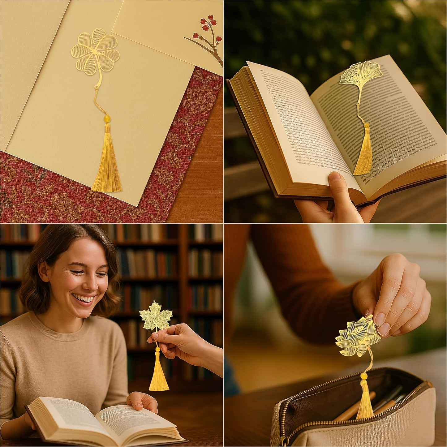 4 Pack Metal Bookmarks with Tassel for Women – Aesthetic, Pretty & Unique Bookmark Set, Gold & Brass Designs for Reading Essentials, Gifts for Writers, Cute Decorative Bookmarks for Book Lovers