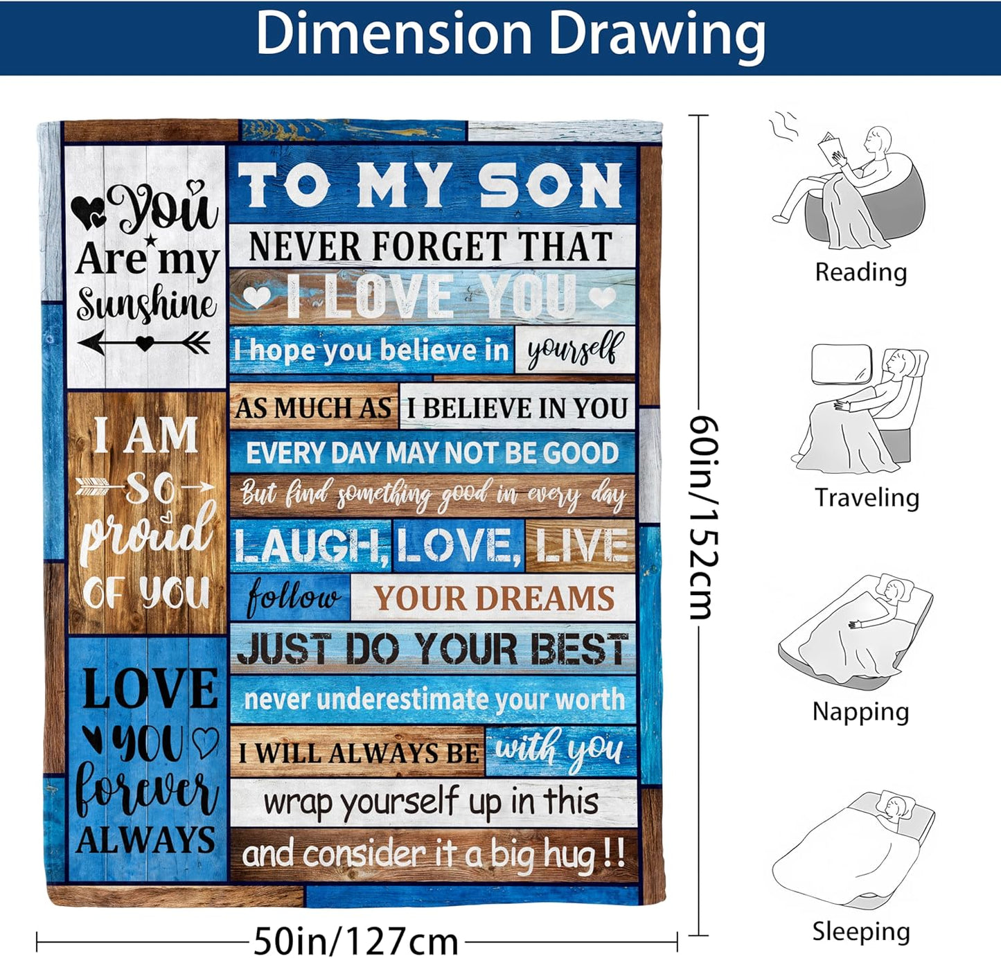 Gifts for Son Blanket 60"X 50" Son Birthday Gifts from Mom Dad, to My Son Gifts Fleece Soft Throw Blankets, Gifts Ideas for Adult Son Wedding Graduation (Blue, 50 x 60 Inch)
