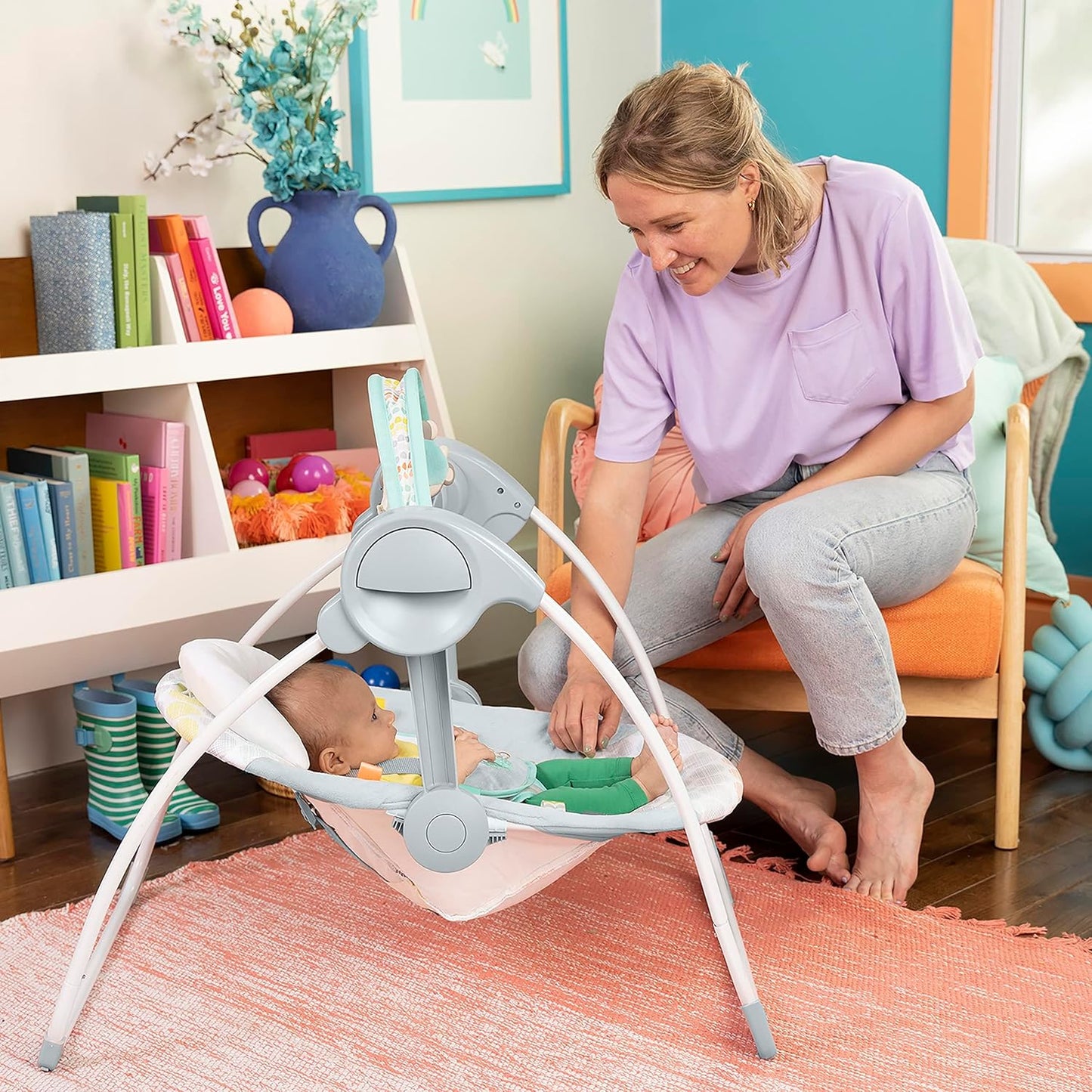 Bright Starts Portable Automatic 6-Speed Baby Swing with Adaptable Speed, Taggies, Music, Removable-Toy-Bar, 0-9 Months 6-20 lbs (Whimsical Wild)