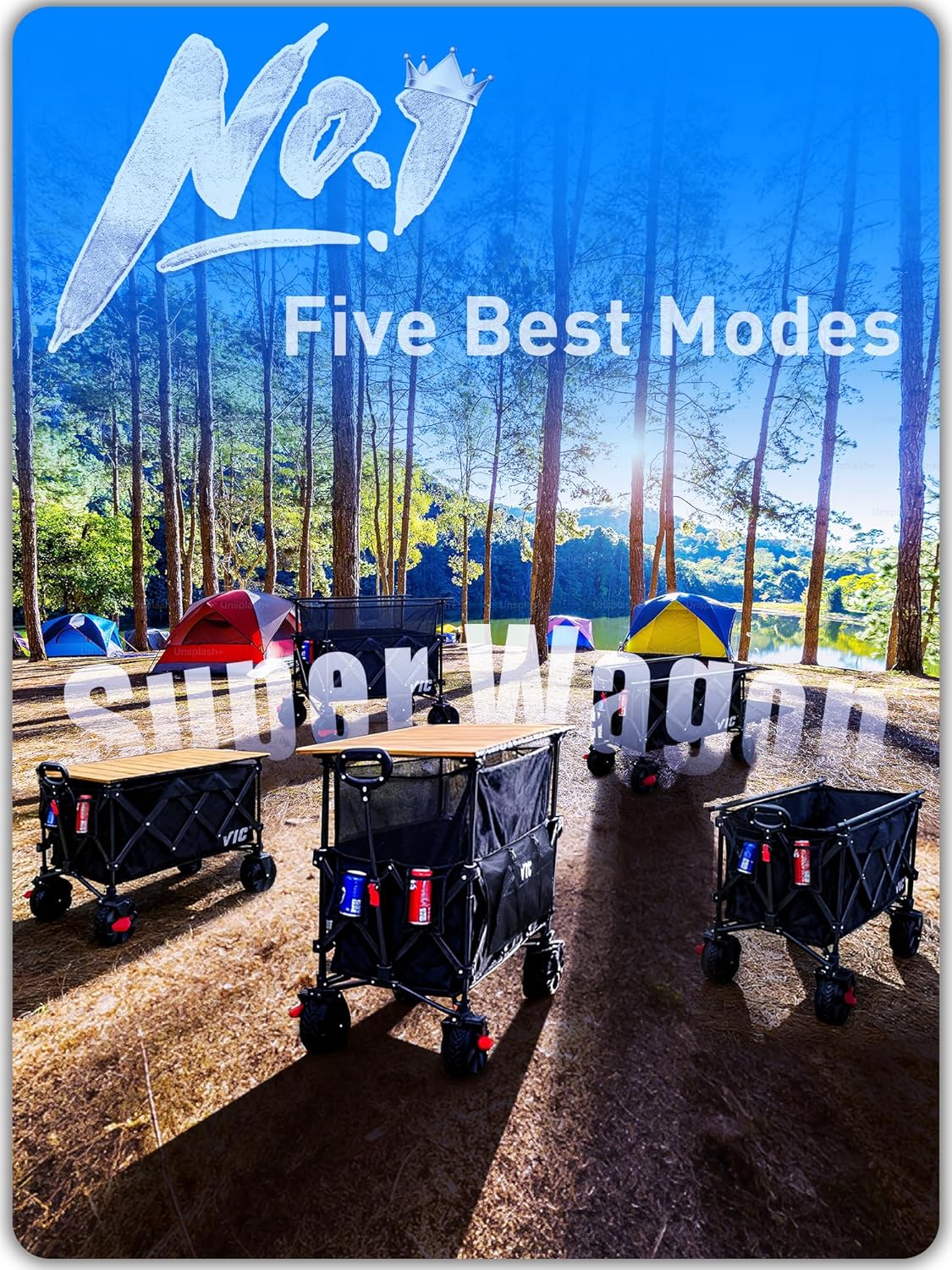 VIC 680lbs Super Cart & Table 1=5 Set, 480L Mega Capacity 54" Extra Long Extra high Folding Wagon, Heavy Duty Collapsible Carts with Brakes, All-Terrain Big Wheels for Camping, Store, Shopping